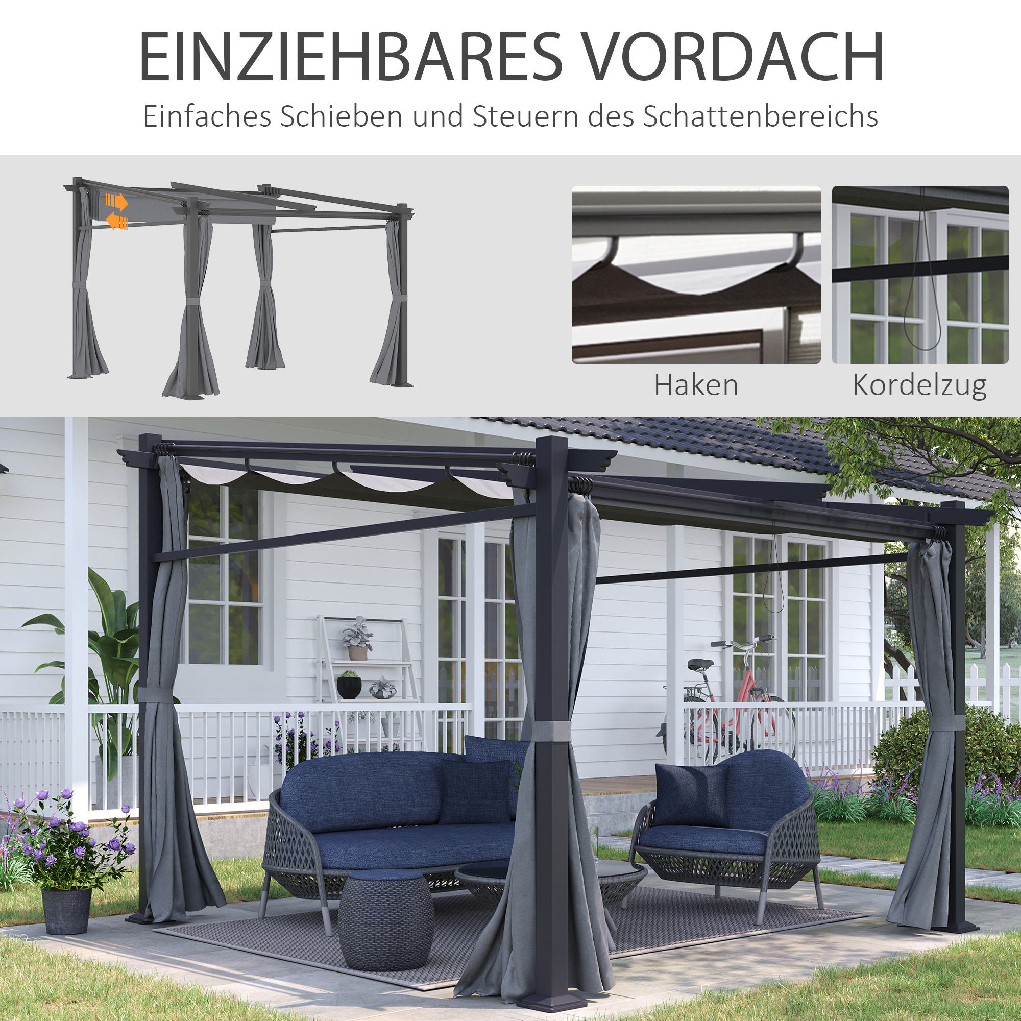 Pergola, inklusive Befestigungsmaterial, ausziehbares Dach, 2.,97 m x 2,95 m x 2,3 m, Dunkelgrau