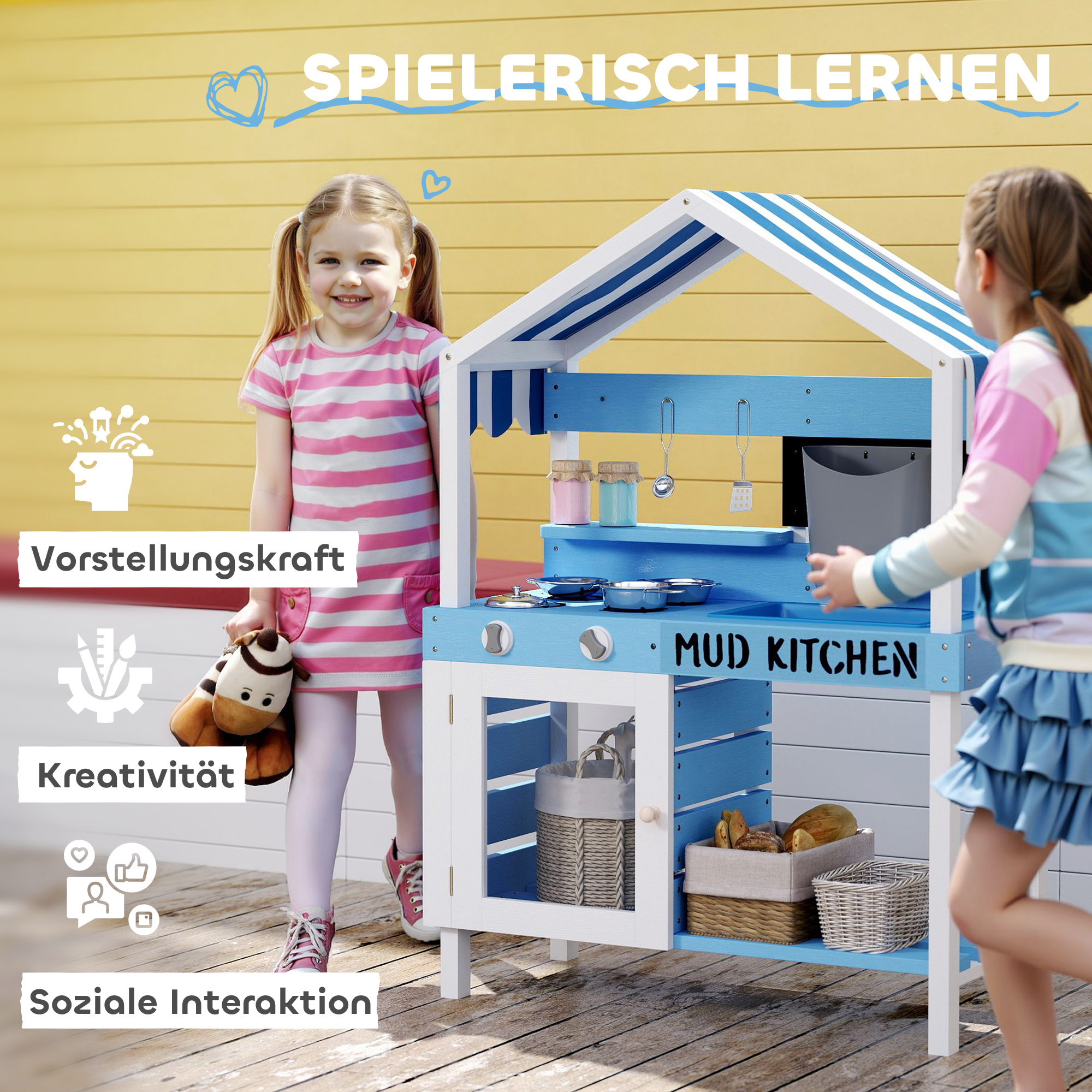 Outdoor-Spielküche für Kinder mit Sonnendach, Kochgeschirr-Set, Massivholz, Blau