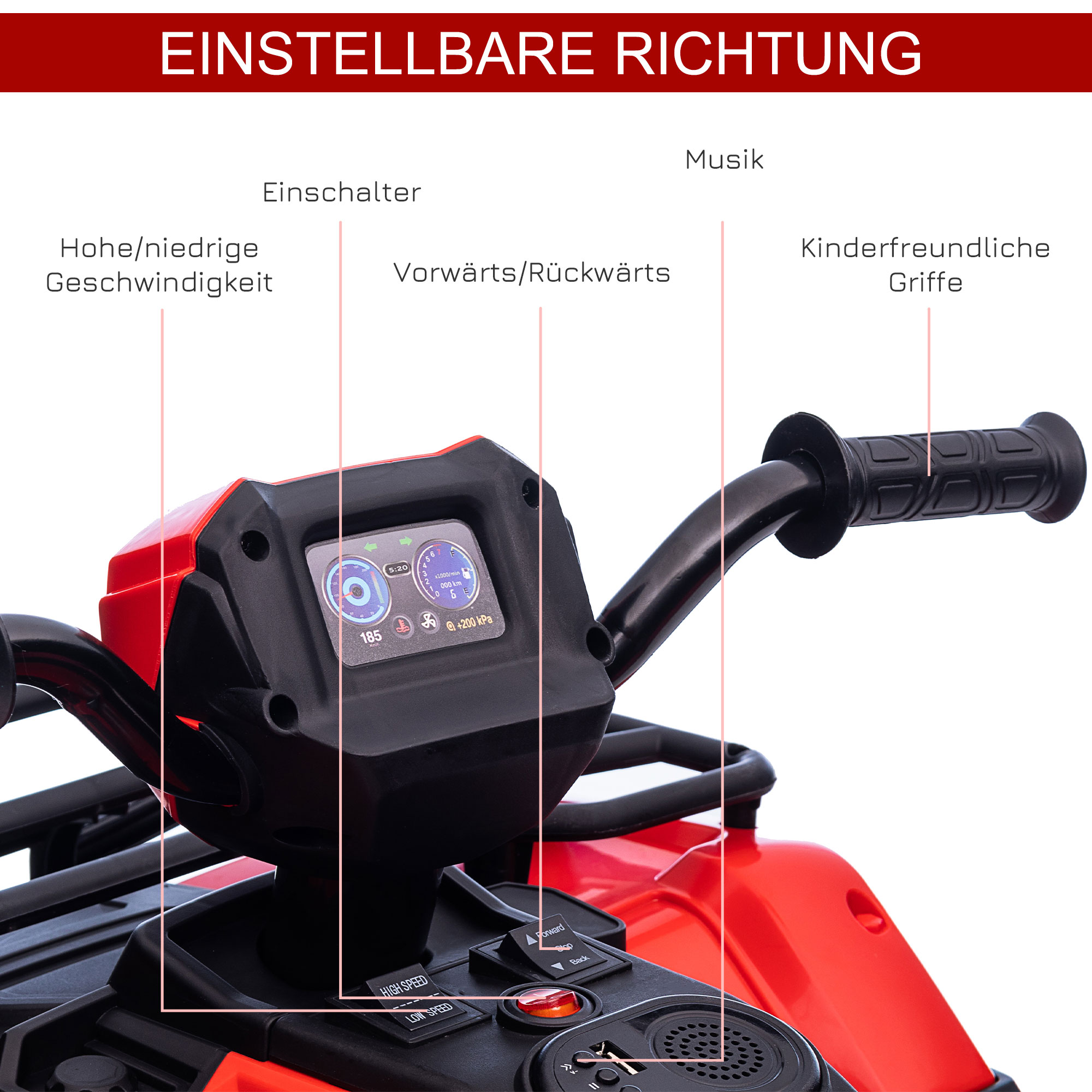 Kinderquad, max, 4 km/h, ab 3 Jahren, LED-Scheinwerfer, Musikanschluss, schwarz+rot 88 x 45 x 50 cm