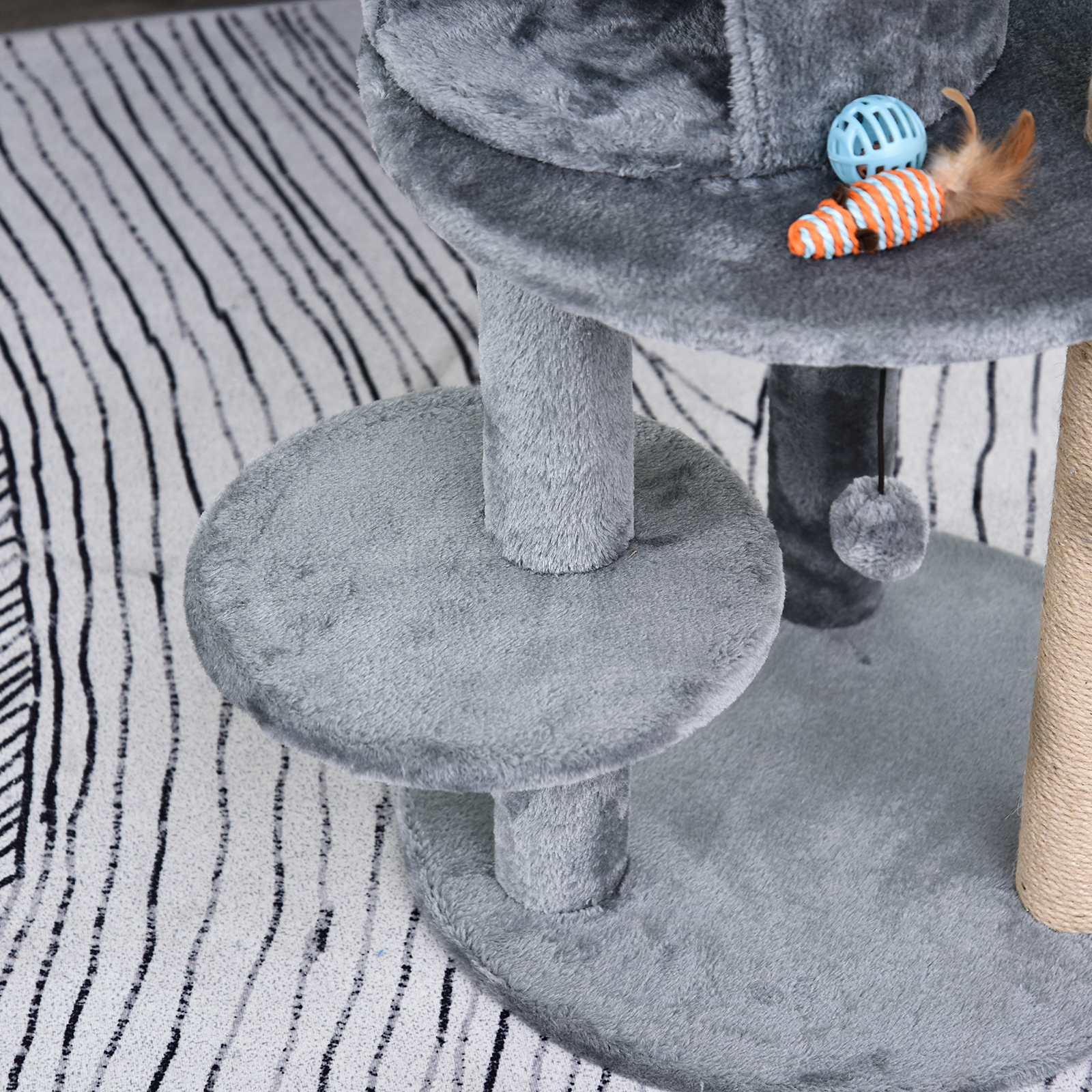 Katzenbaum 4-Stock Katzenhöhle Katzenhaus mit Spielbällen Sitzstange Sisalsäule und Kratzbrett groß stabil luxuriös Sisal Plüsch Grau 48x48x104 cm