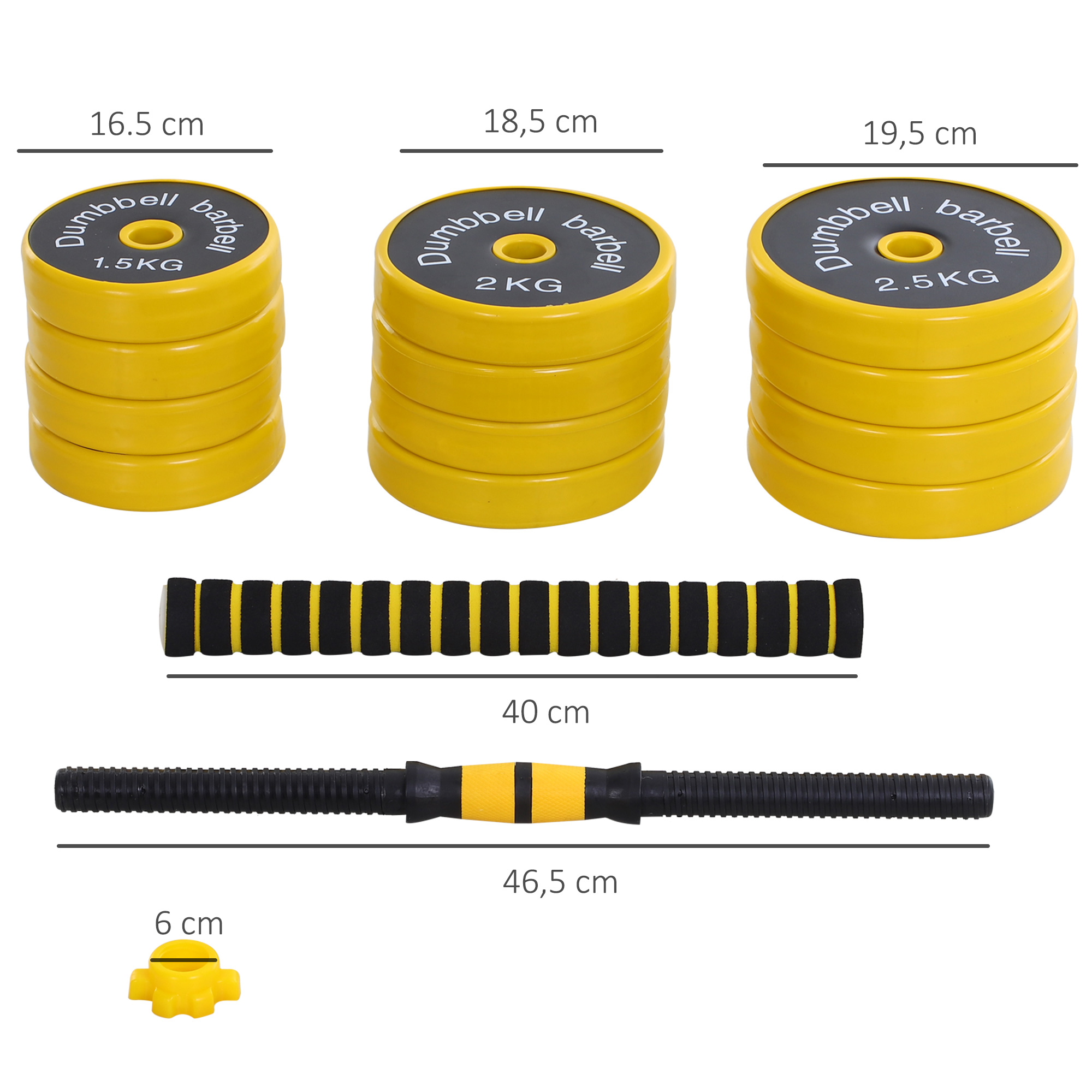 25 kg Hantel & Langhantel,Einstellbare ergonomische 3-in-1 Hantelset,12 × Platten,2 × Kurze Stöcke,1 × Langer Stock,Gelb+Schwarz