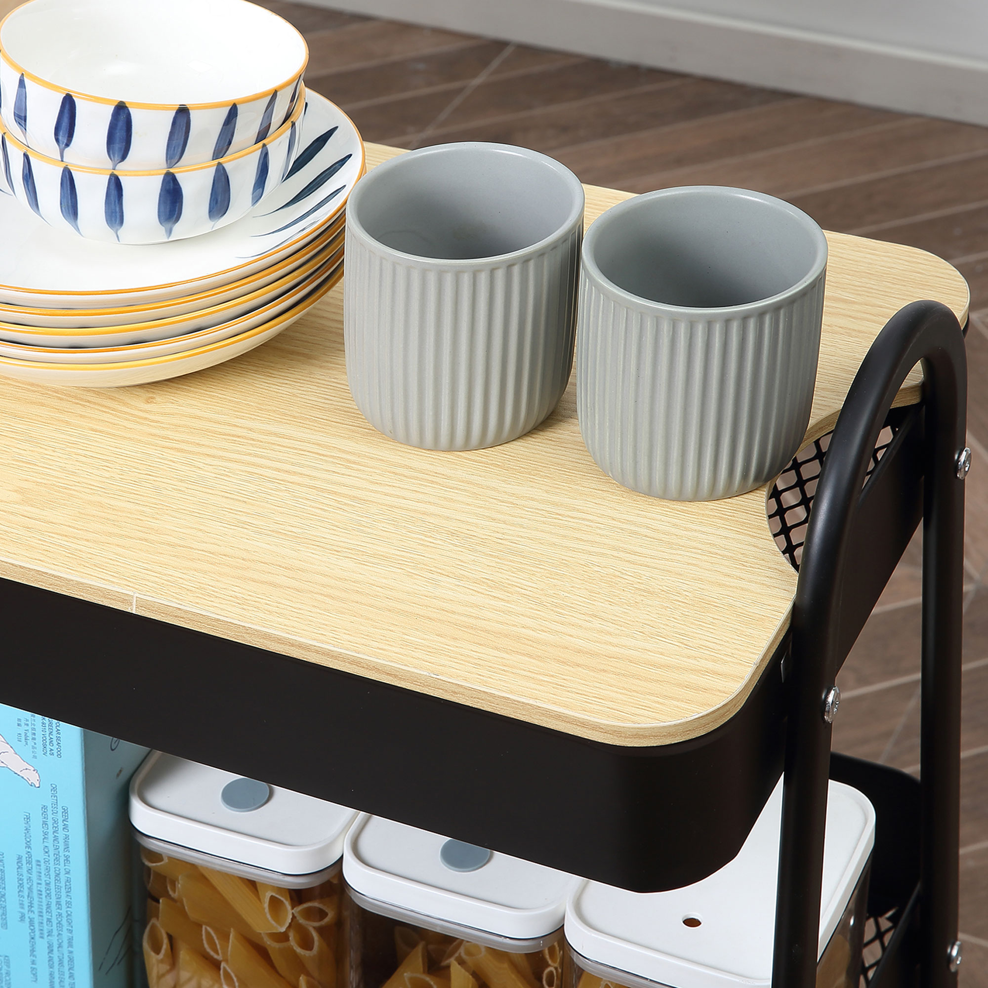 Rollwagen, Servierwagen mit 3 Korbböden, Metall, Kunststoff, Schwarz