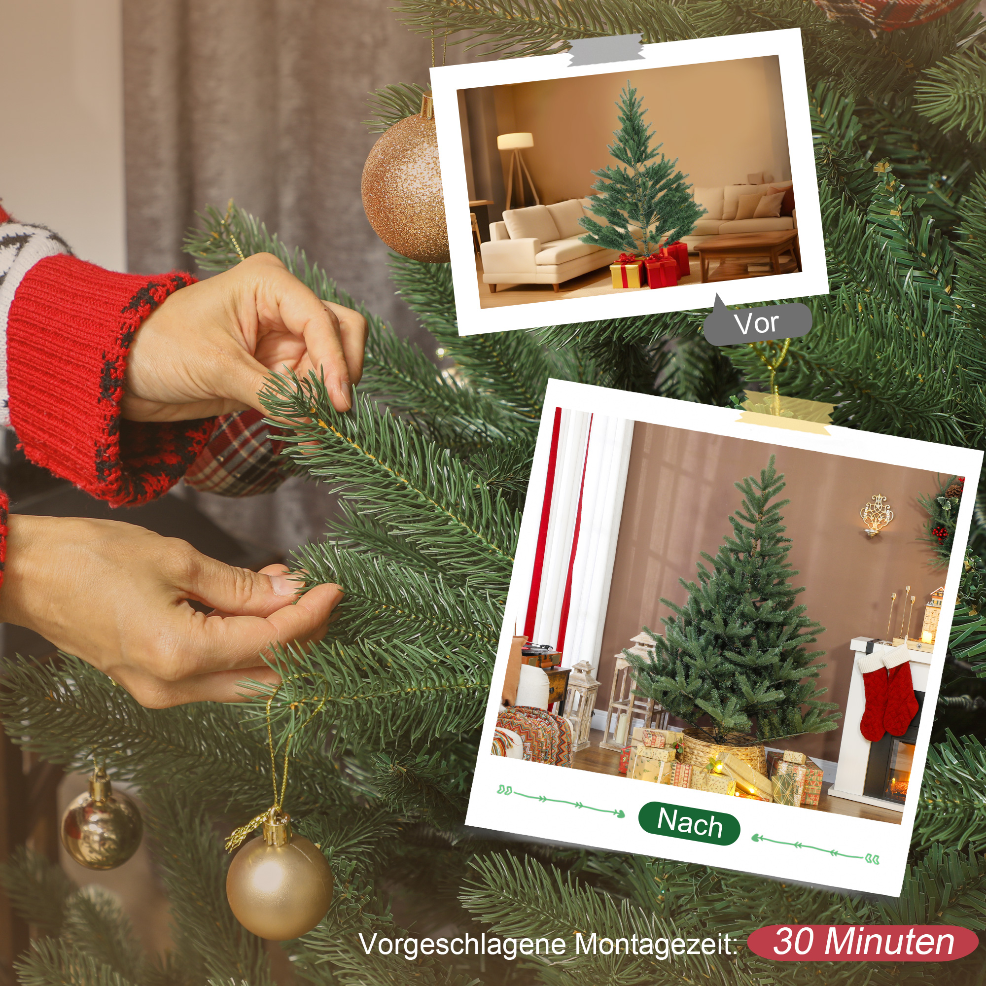 Künstlicher Weihnachtsbaum, 180 cm, dichte Zweige, realistisches Aussehen, flammenhemmend, Kunststoff, Metall, Grün