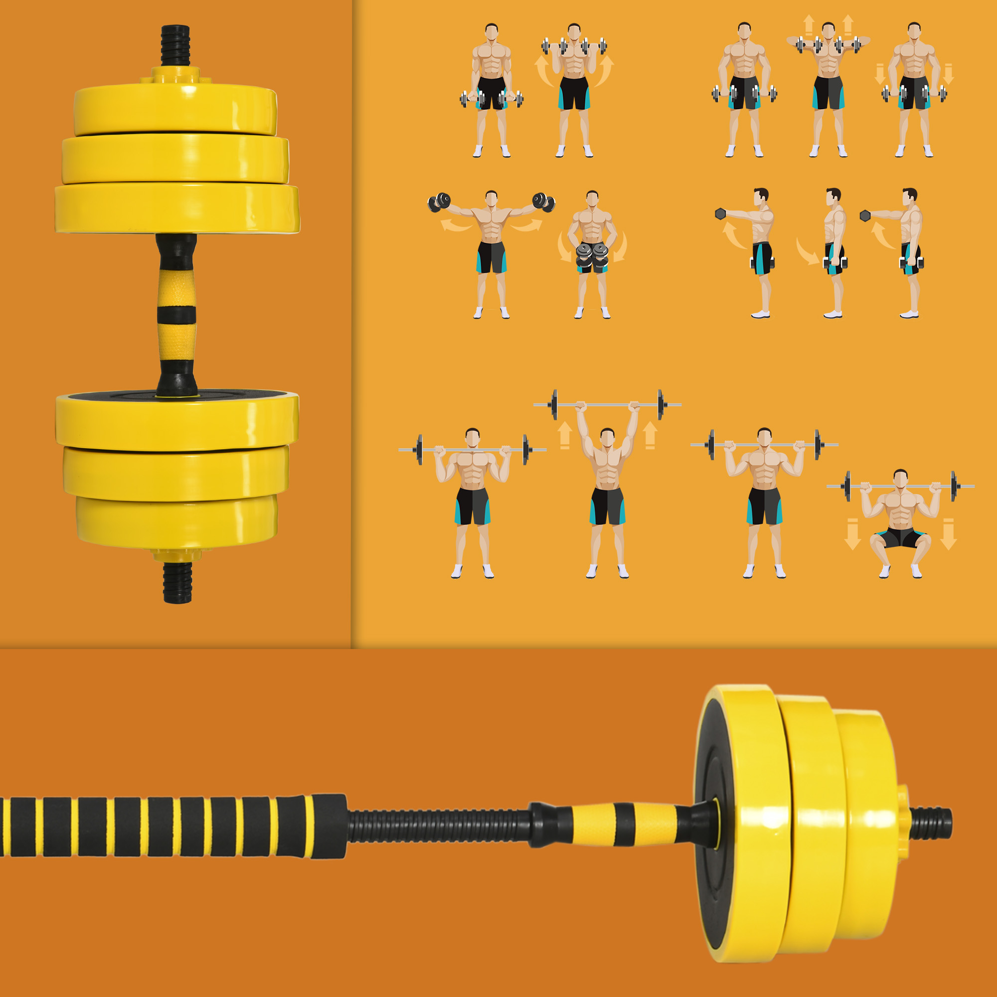 25 kg Hantel & Langhantel,Einstellbare ergonomische 3-in-1 Hantelset,12 × Platten,2 × Kurze Stöcke,1 × Langer Stock,Gelb+Schwarz