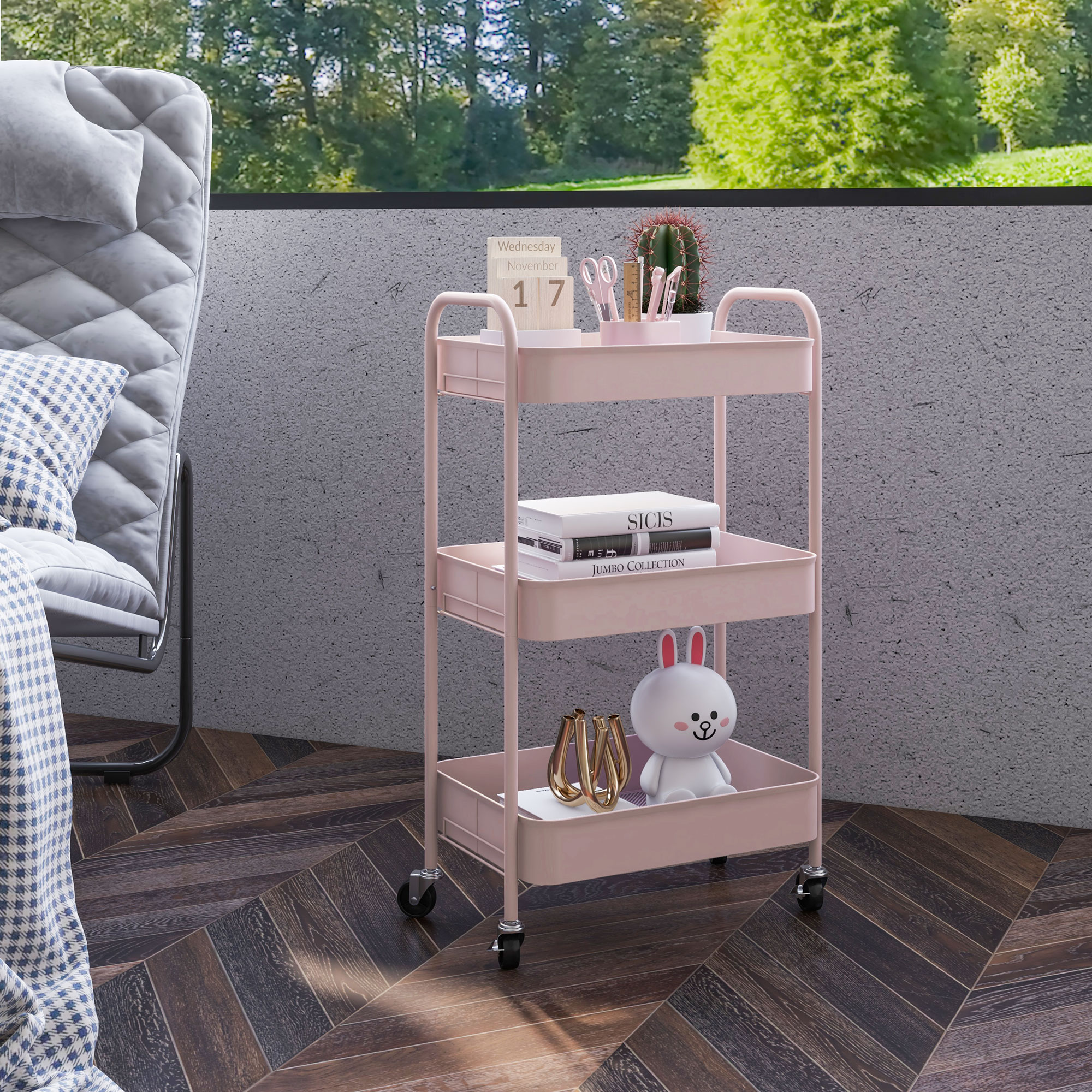 Mehrzweckwagen Rollwagen Küchenwagen, 3 Regale, 4 Rollen, 45 cm x 30,6 cm x 79 cm, Rosa