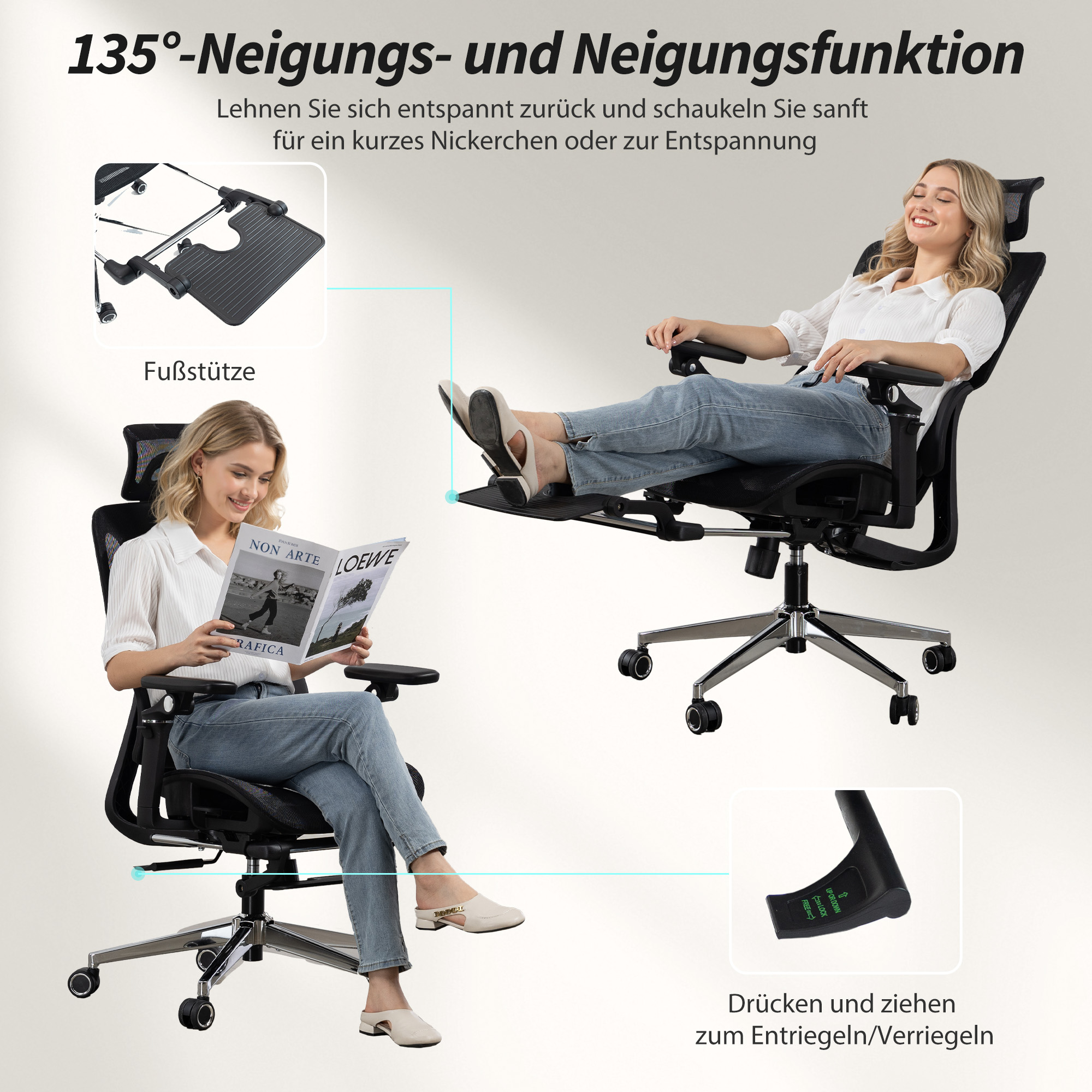 Bürostuhl Ergonomisch Schreibtischstuhl mit verstellbar Lenden- und Kopfstütze 6D-Klapparmlehnen Fußstütze Netz Schwarz