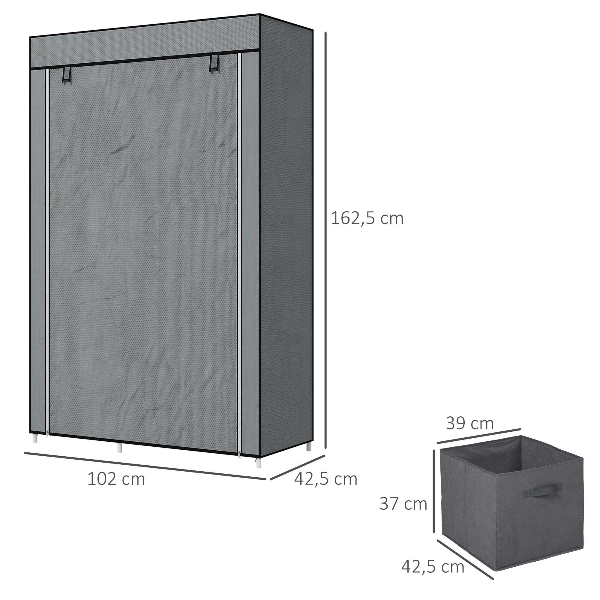 Stoffschrank Kleiderschrank faltbarer Schrank, 1 Kleiderstange, 6 Regalböden, 102 x 42,5 x 162,5 cm, Grau
