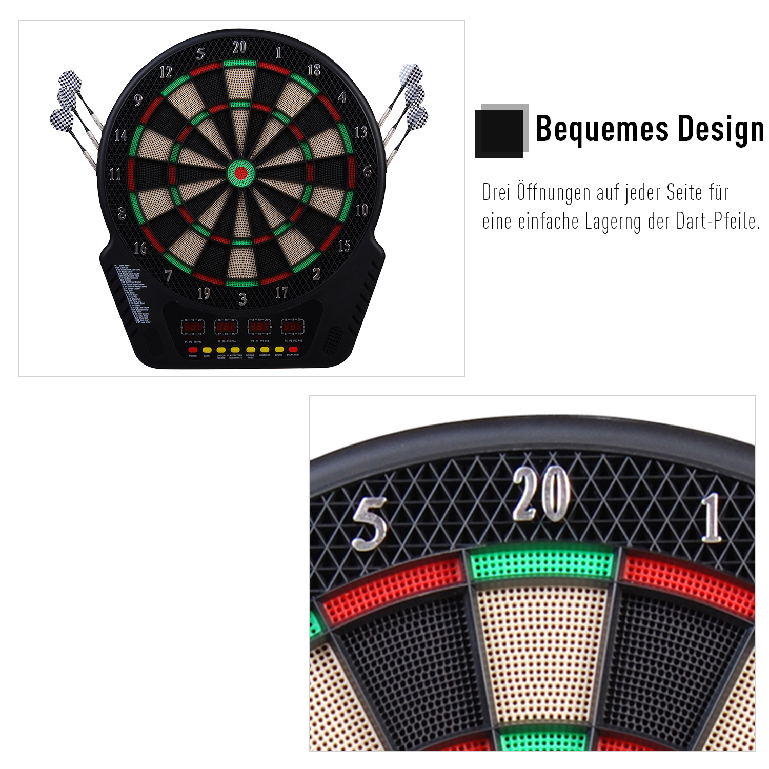 Elektronische Dartscheibe Dartboard Dart-set mit LED Anzeige mit automatischer Wertung Soundeffekte 6 Darts 24 Dartköpfe 27 Spiele und 243 Trefferoptionen für 16 Spieler 44 x 51,5 x 3,2 cm