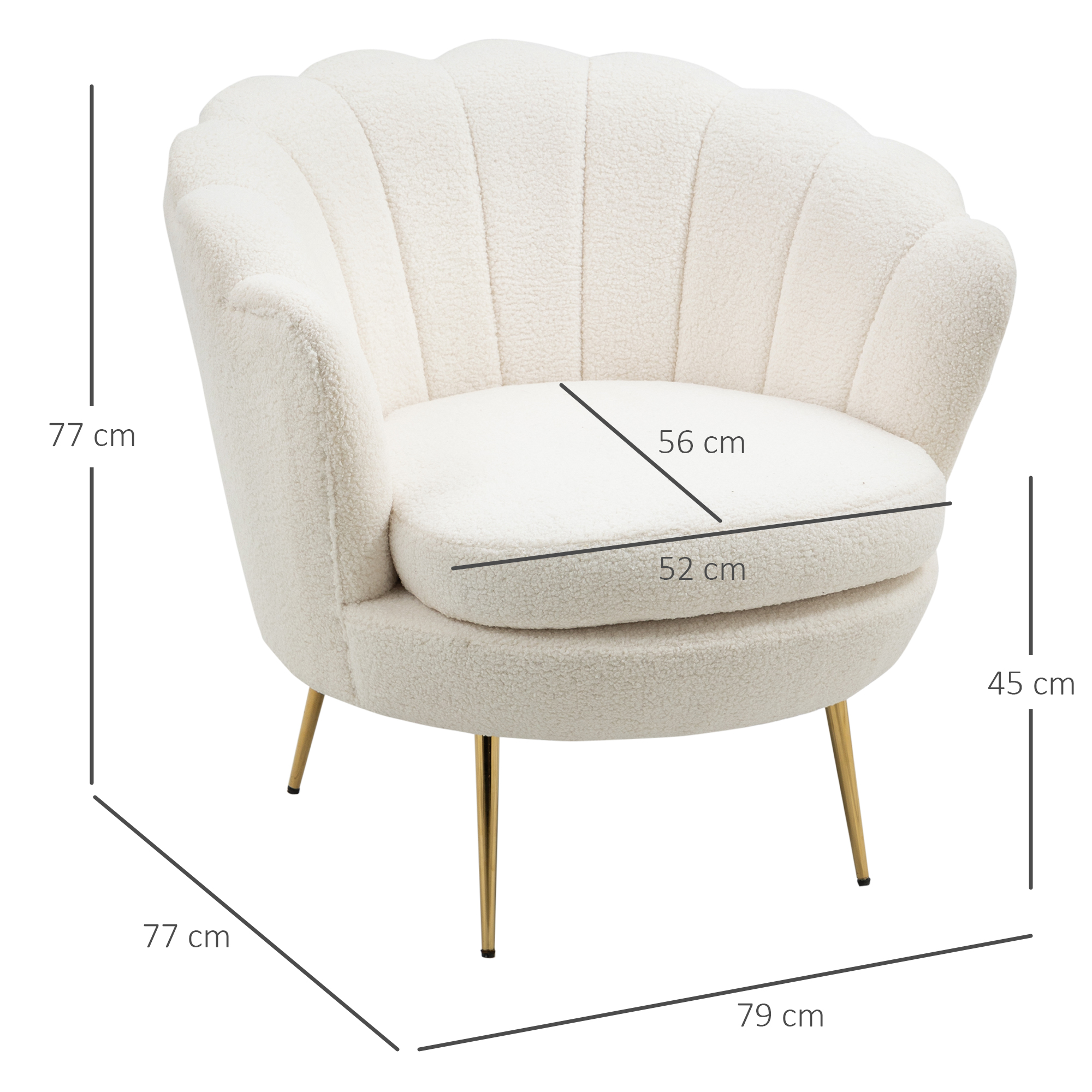 Polstersessel in Muschelform, Relaxsessel, Entspannungssessel, Metallbeine in Goldoptik, 79L x 77B x 77H cm, Weiß