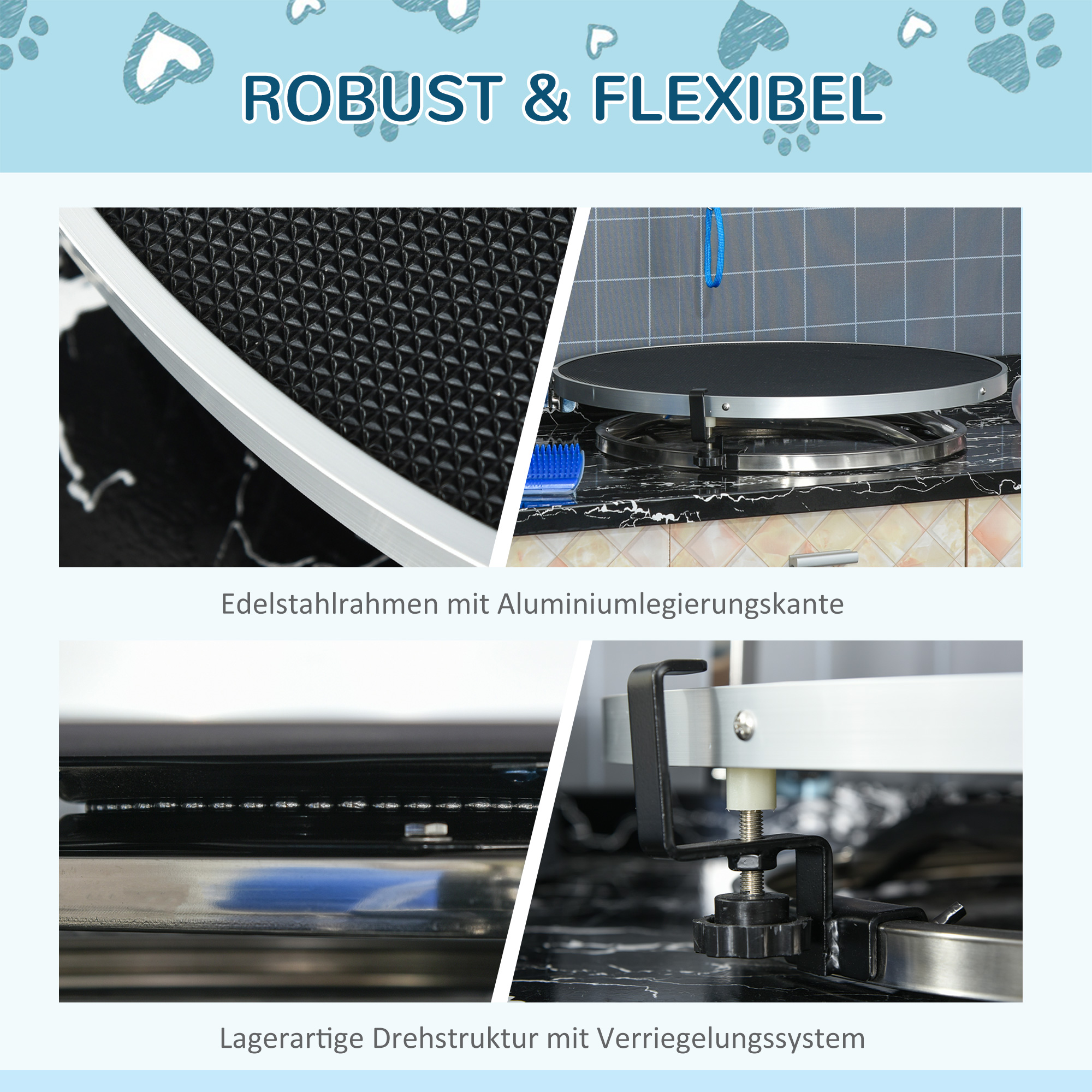 Hund Trimmtisch Tierpflegetisch drehbar trocknen Tabelle mit verstellbaren Arm rutschfeste Tischplatte Verriegelungssystem Aluminium-Legierung Rand Edelstahl Rahmen Sicherheit Leine Ø65x H10