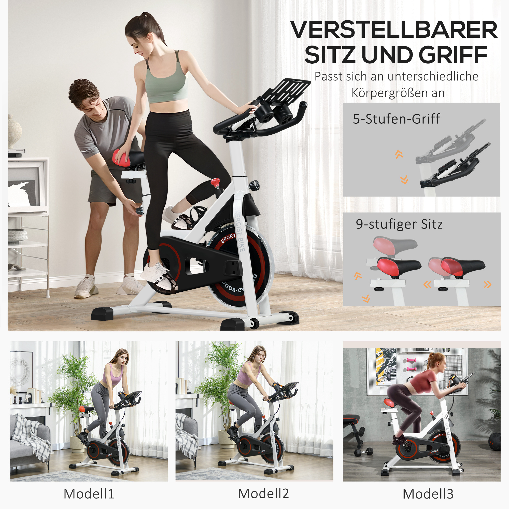 Ergometer, einstellbarer Widerstand, bis 120kg, Stahl, L103xB53xH100-114cm, Weiß/Schwarz