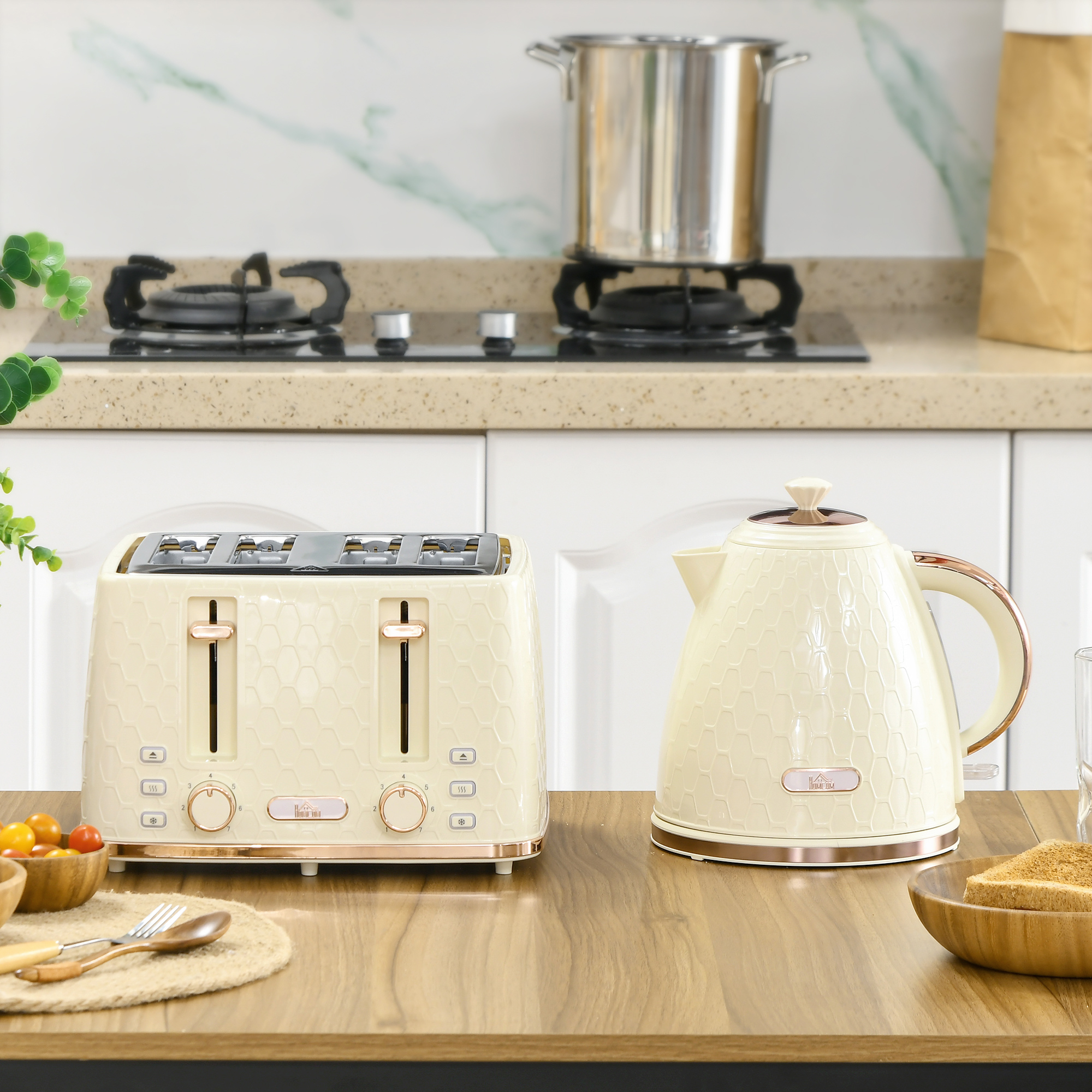 2-in-1 Küchenset, Toaster und Wasserkocher, mehrere Optionen, 1,7 L, 4 Toastscheiben gleichzeitig, Kunststoff, Beige