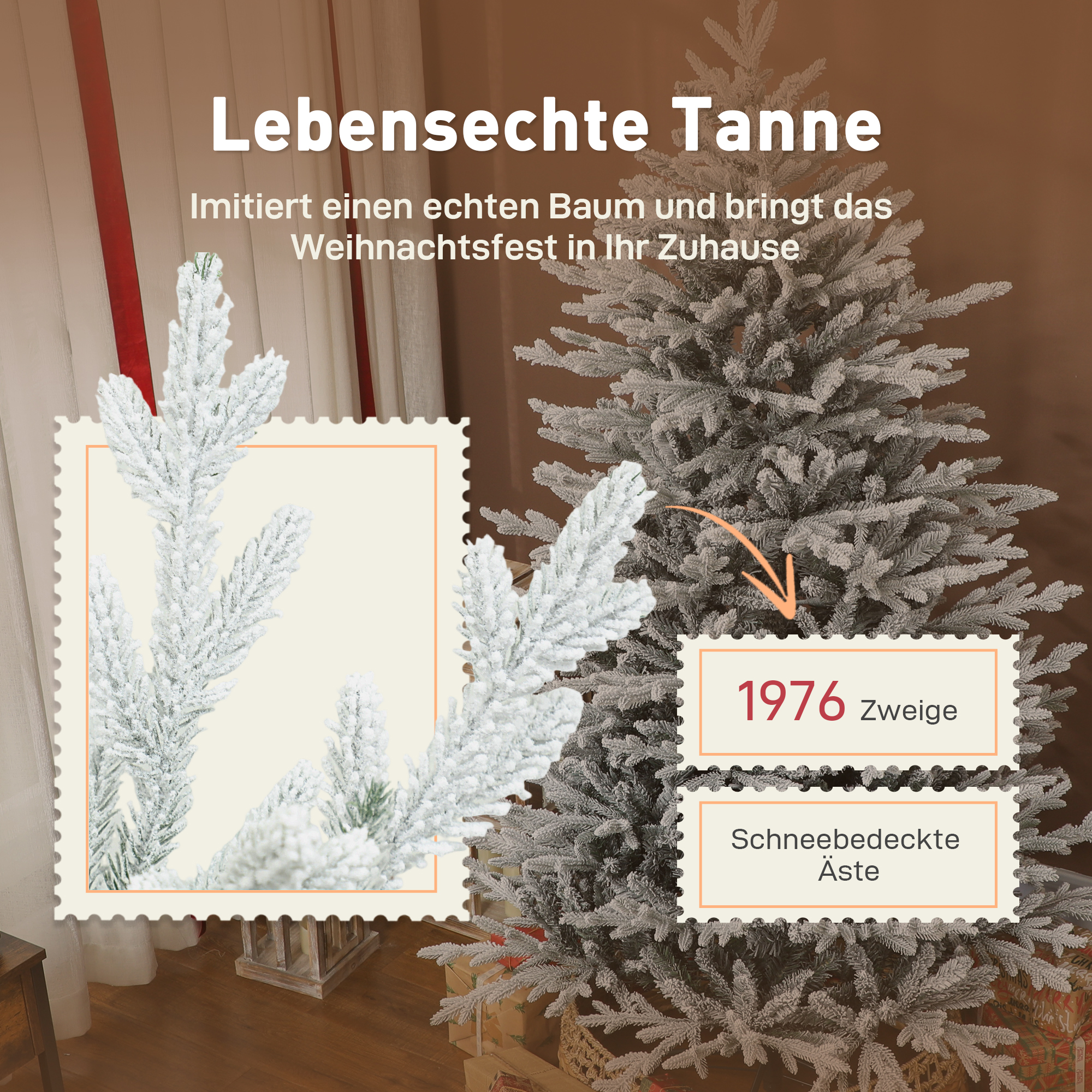 Künstlicher Weihnachtsbaum 180 cm künstlich Tannenbaum mit Schnee, 1976 Spitzen für drinnen