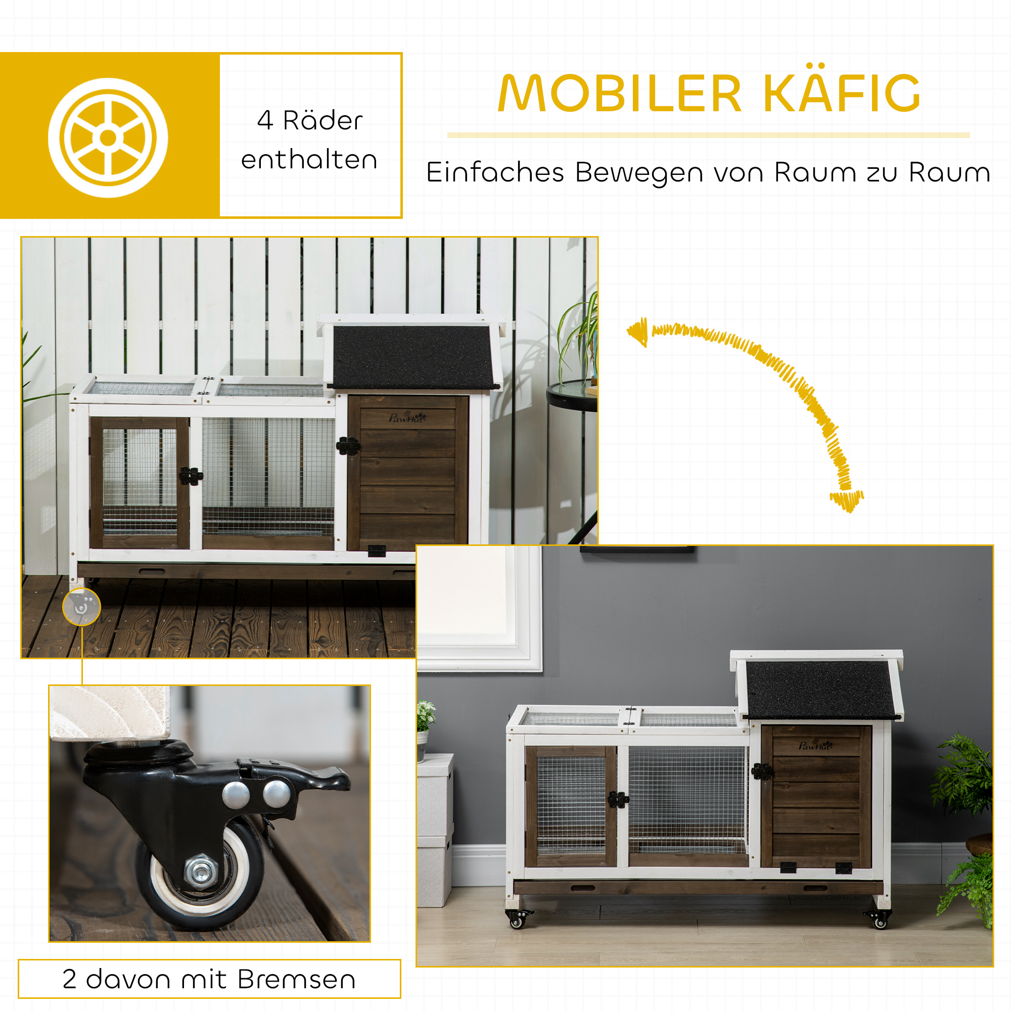 Kleintierstall für Zwergkaninchen, Meerschweinchen, mit Rädern, 108 x 58 x 73,5 cm, Kaffee