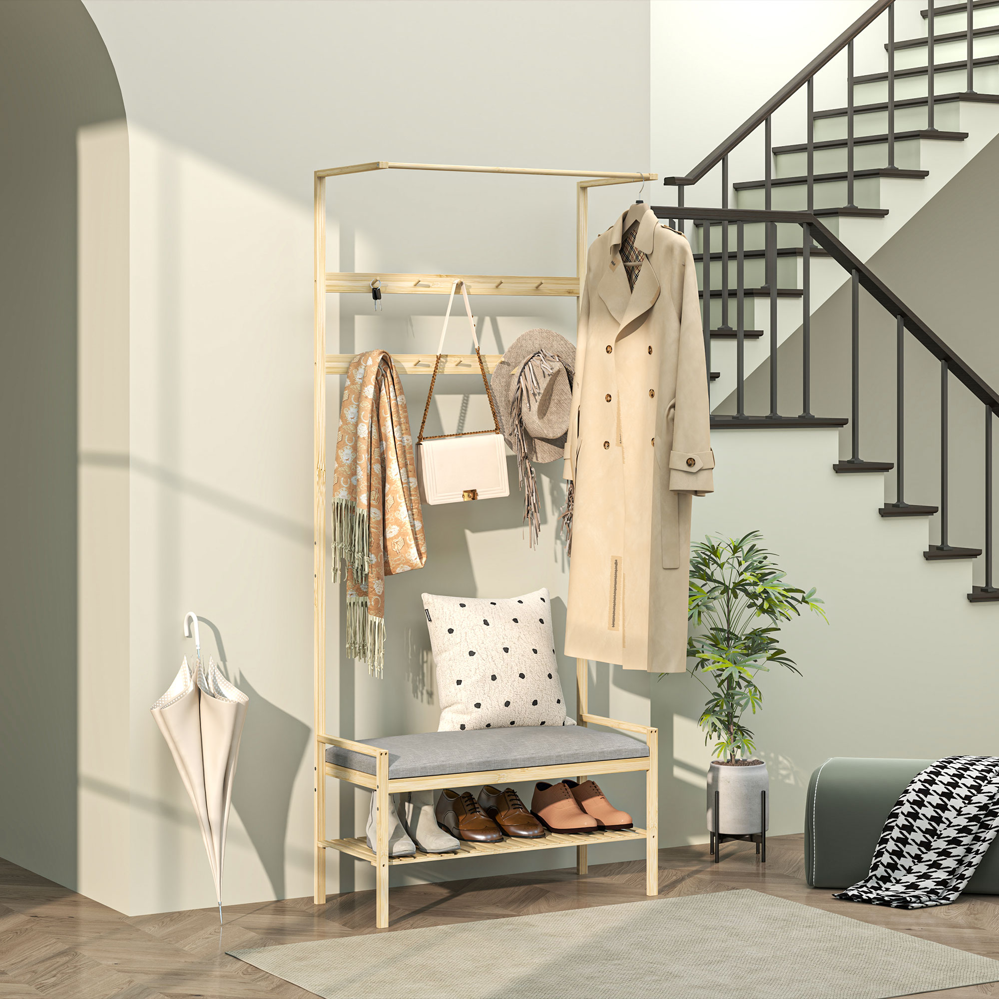 Garderobe mit Schuhbank, Kleiderstange, 10 Kleiderhaken, Schuhablage, Bambus