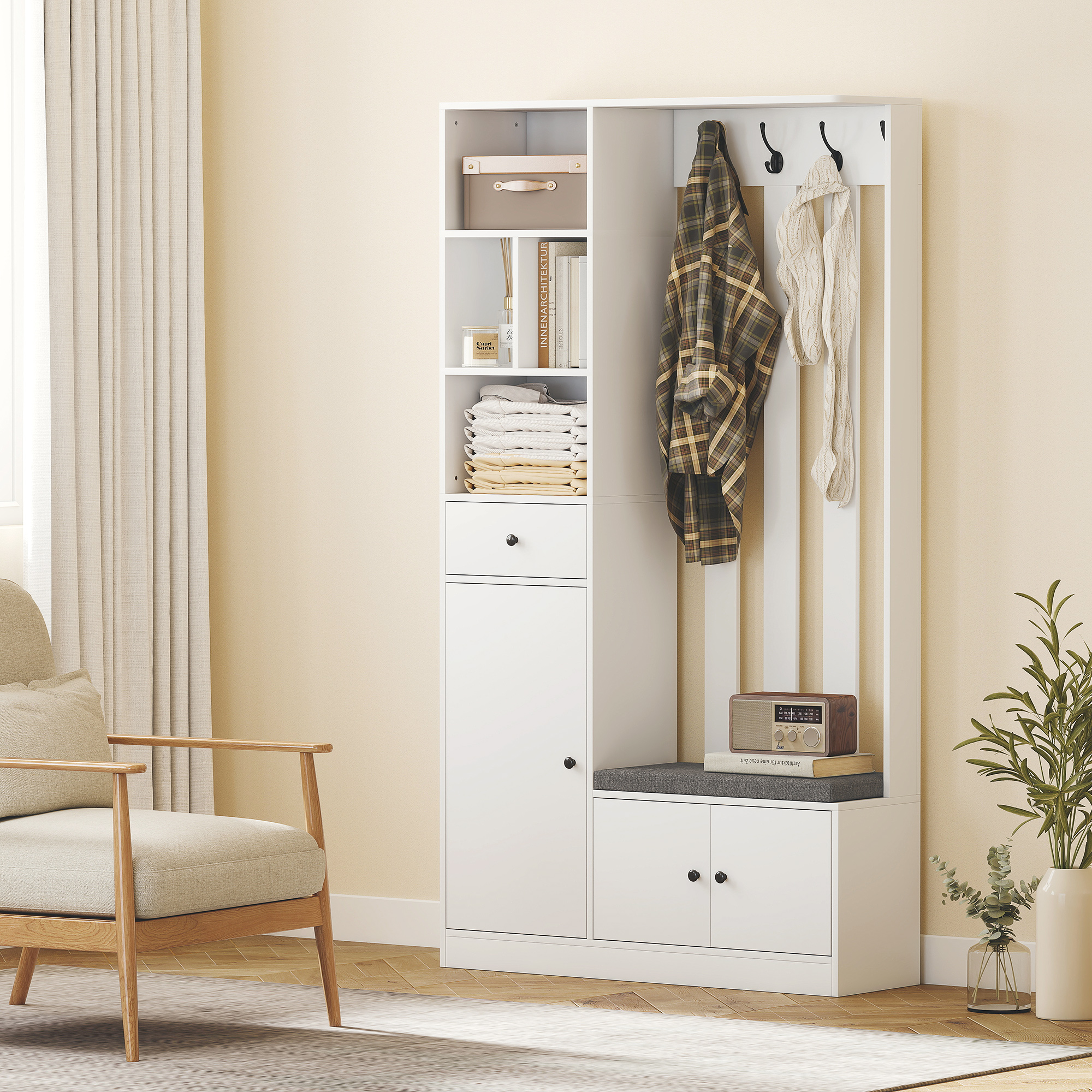 180 cm Garderobenschrank mit Kleiderständer, Schuhbank, 4 Haken, offene Ablageflächen, MDF, Weiß