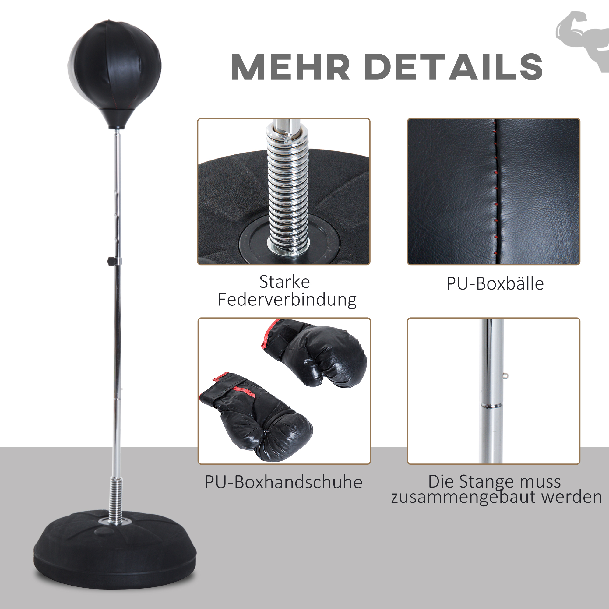 Box-Set mit Punchingball, höhenverstellbar, inkl, Boxhandschuhe, 126-144cm, Schwarz