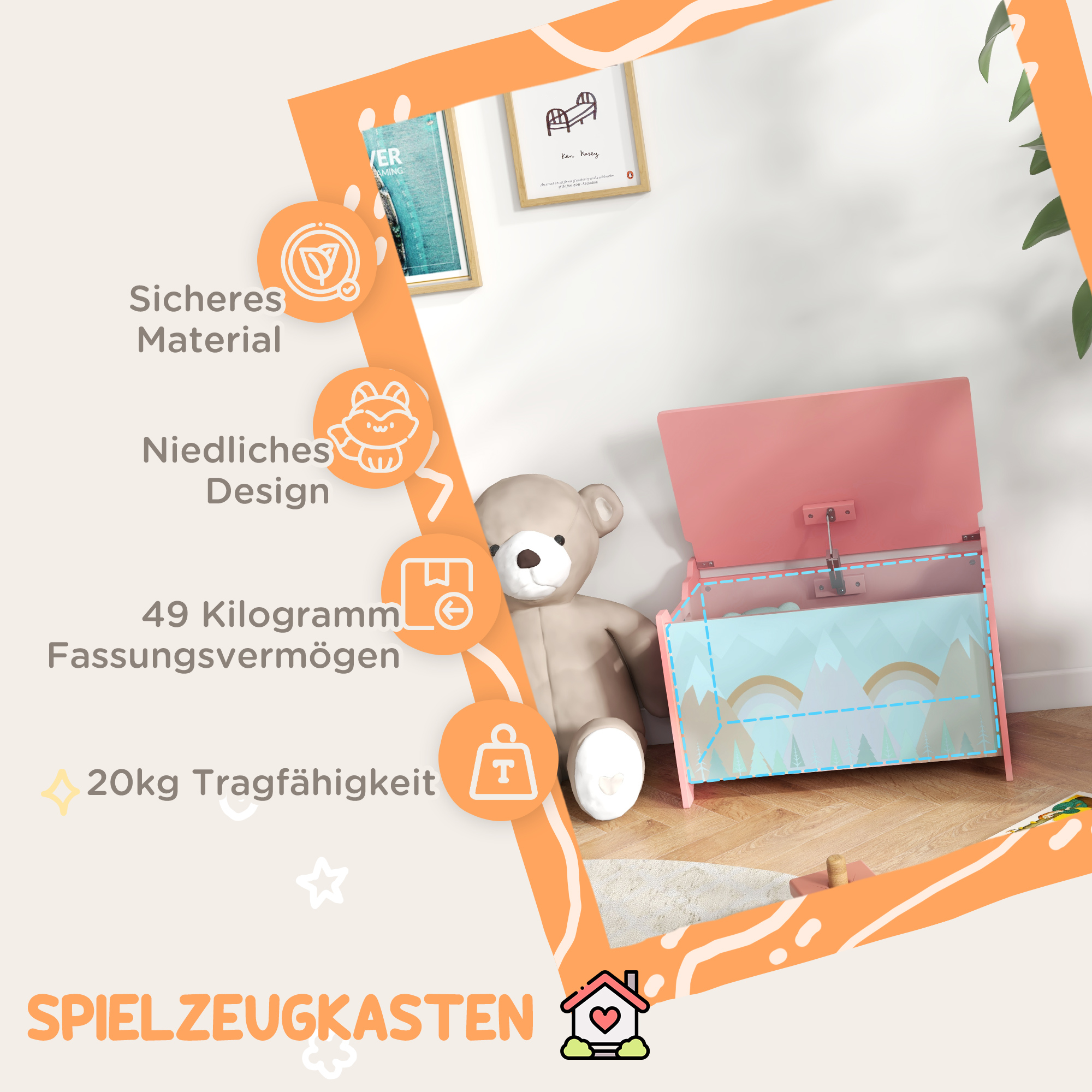 Aufbewahrungsbox mit Stauraum, Spielzeugkiste mit Deckel-Sicherheitsscharnier, niedlichem Tierdesign, 60 x 37 x 39 cm, Rosa