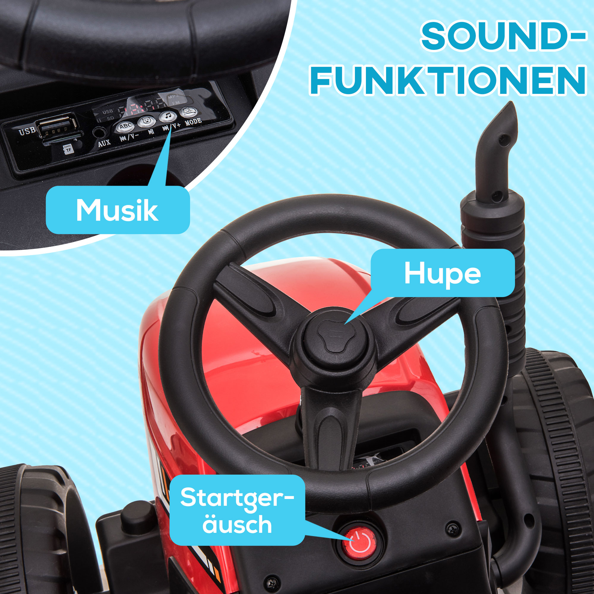Elektrischen Kinderauto, Kinder-Traktor, inkl, Eltern-Fernbedienung, max, Geschwindigkeit von 6 km/h; Rot + Schwarz