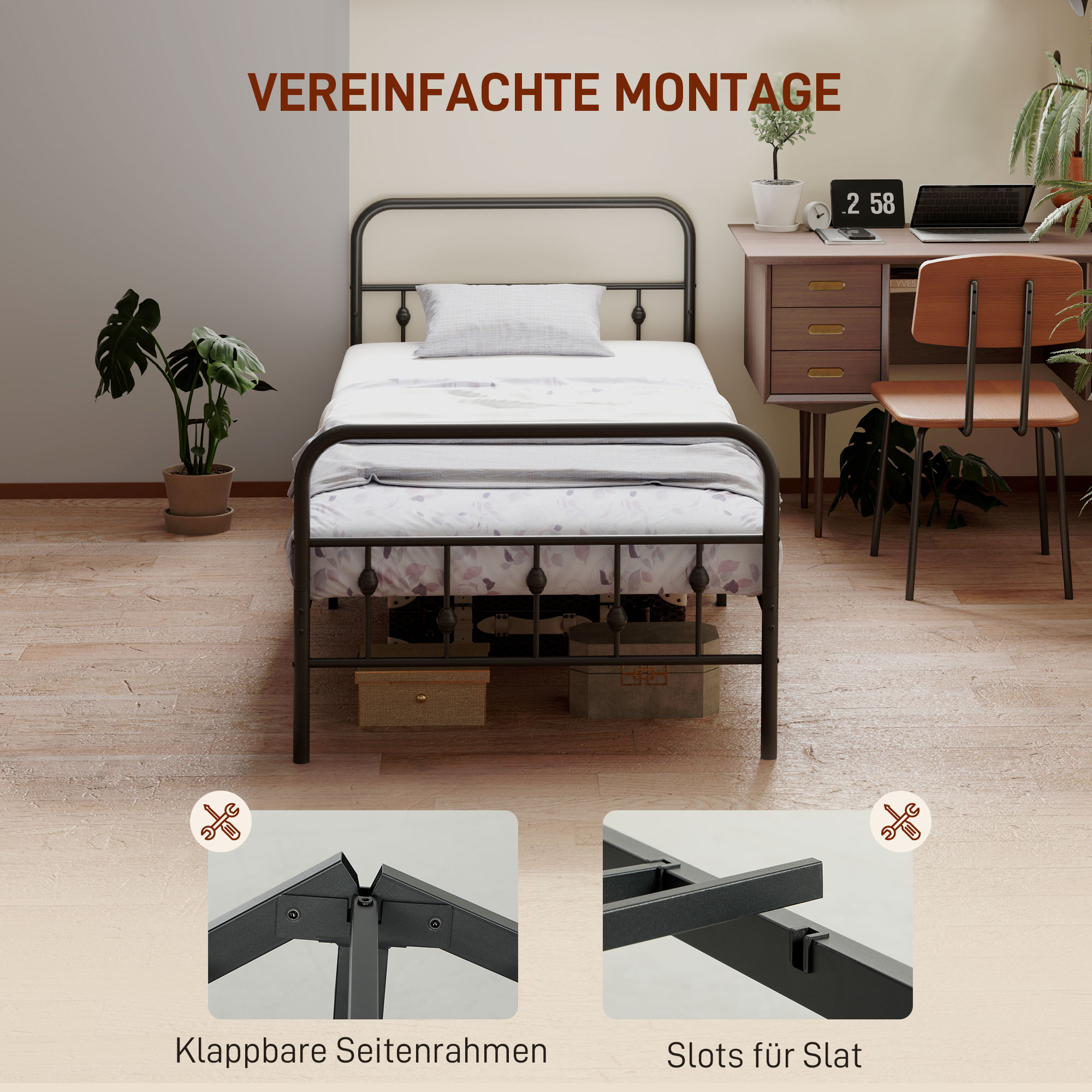 Einzelbettgestell aus Metall, Leichte Montage, mit geräuschreduzierenden Gummikits, Schwarz