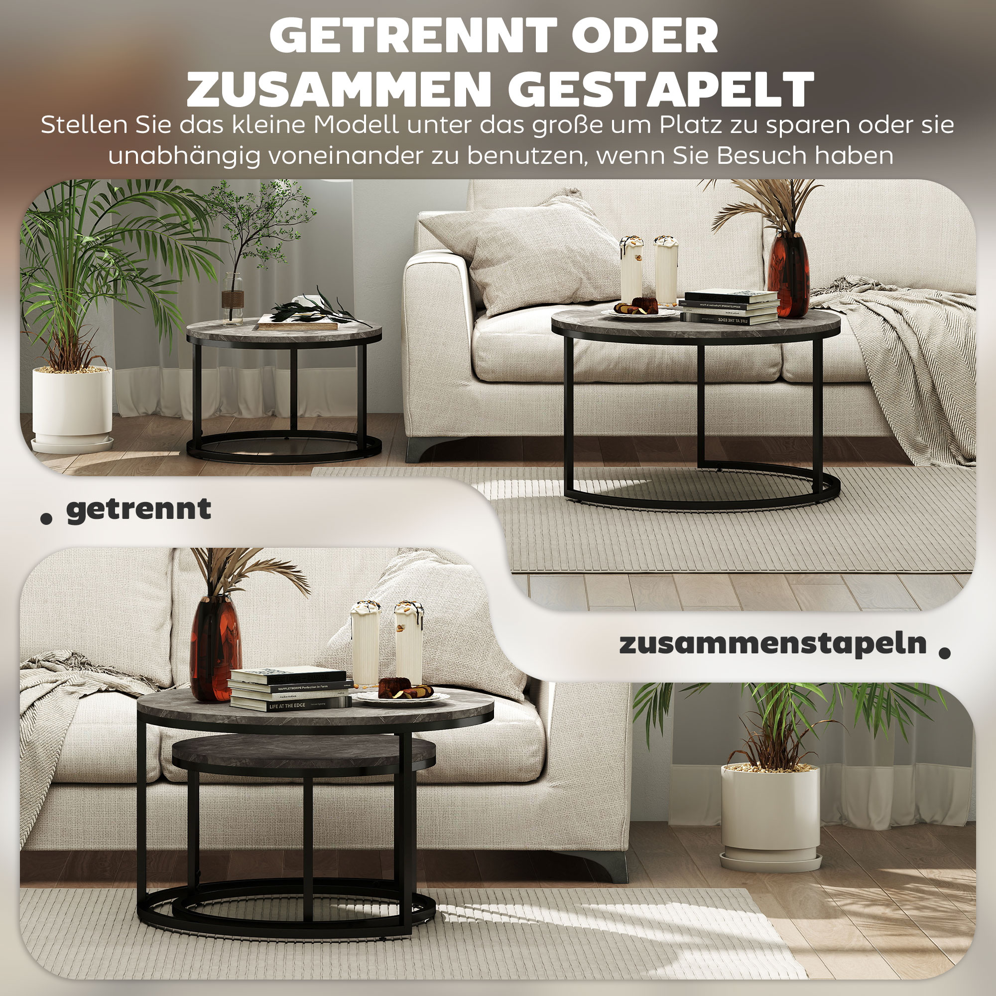2er-Set runde Couchtische, stapelbare Beistelltische mit Metallrahmen, Wohnzimmertisch in Marmoroptik, Kaffeetisch, Grau