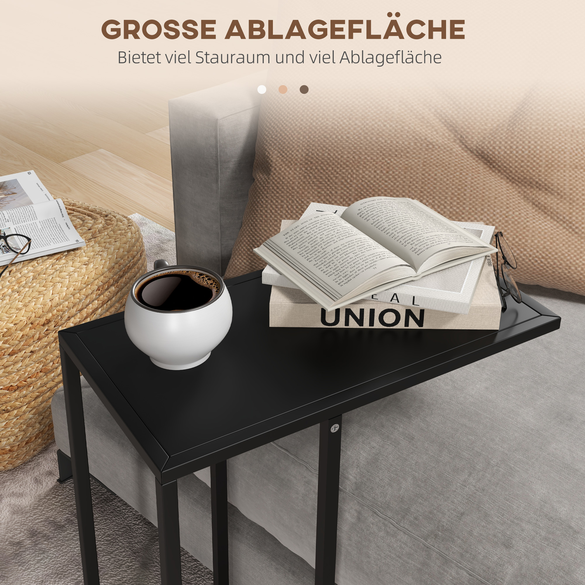 Beistelltisch Laptoptisch, Sofatisch in C-Form, mit Stahlgestell, Schwarz