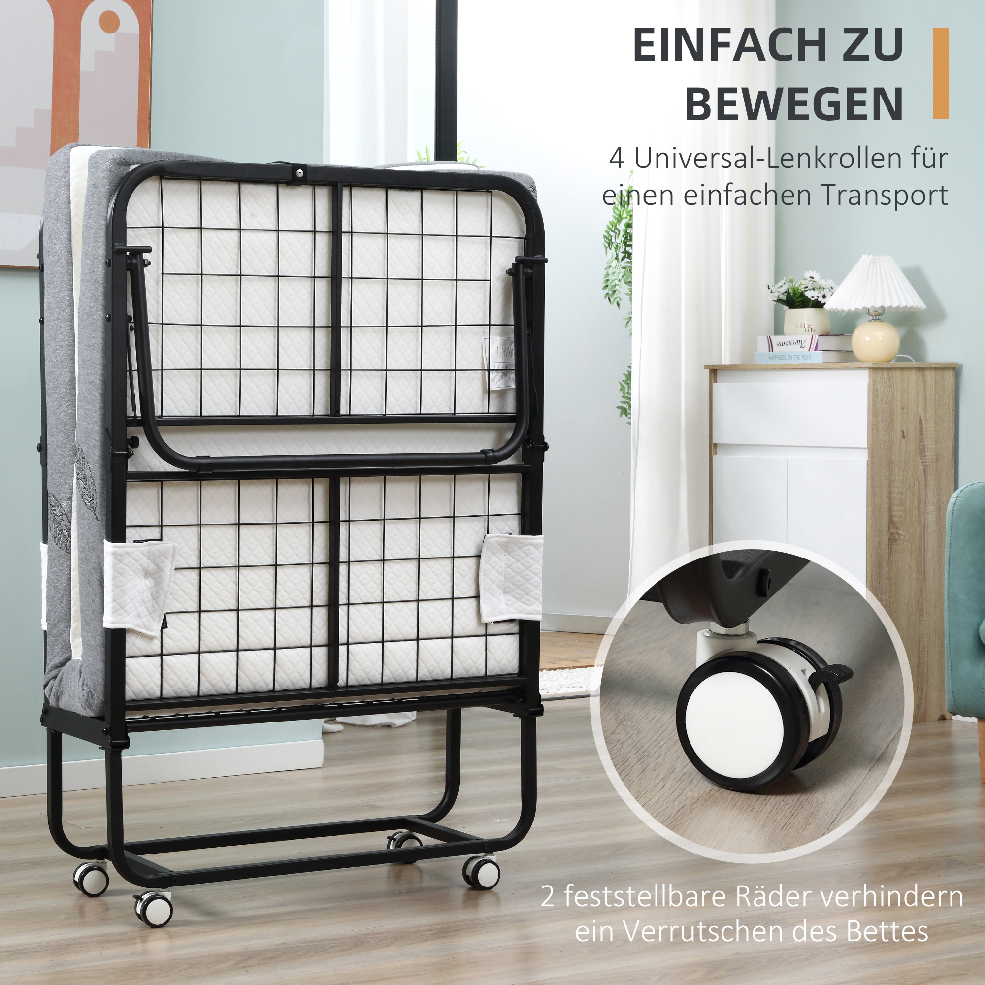 Klappbett 80x200 cm Erwachsene Gästebett Klappbar mit 10cm Dicker Schaumstoff Reisebett mit Stahlrahmen Feldbett mit Rollen bis 150 kg belastbar Einzelbett