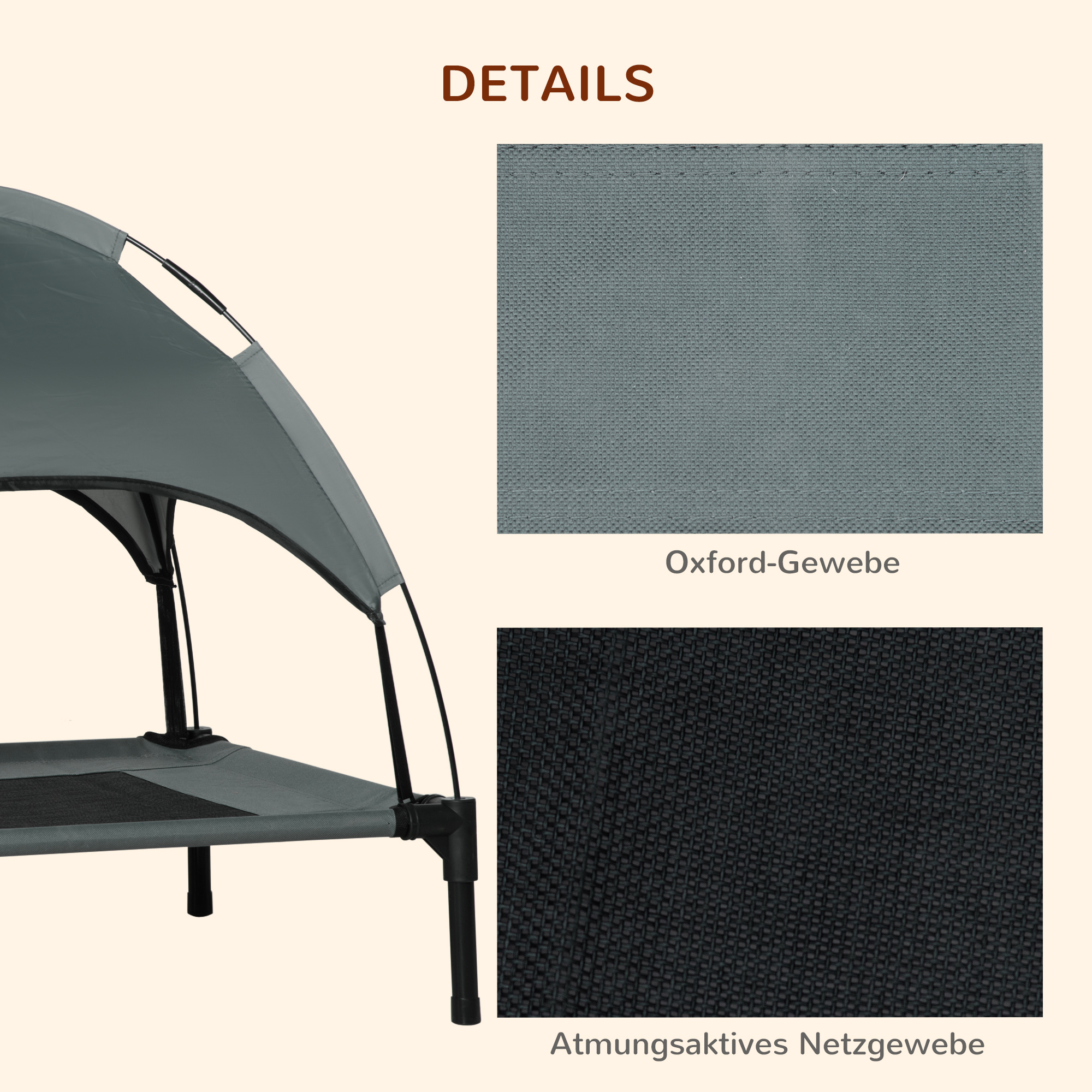 Erhöhtes Hundebett mit Baldachin, Haustierbett, Hundeliege outdoor mit Dach, Atmungsaktiv, Taftstoff für Camping Grau 76 x 61 x 73 cm