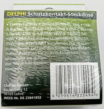 DELPHI Schutzkontakt-Steckdose, weiß, 230V~/ 16A, Unterputz, USB-C / PD