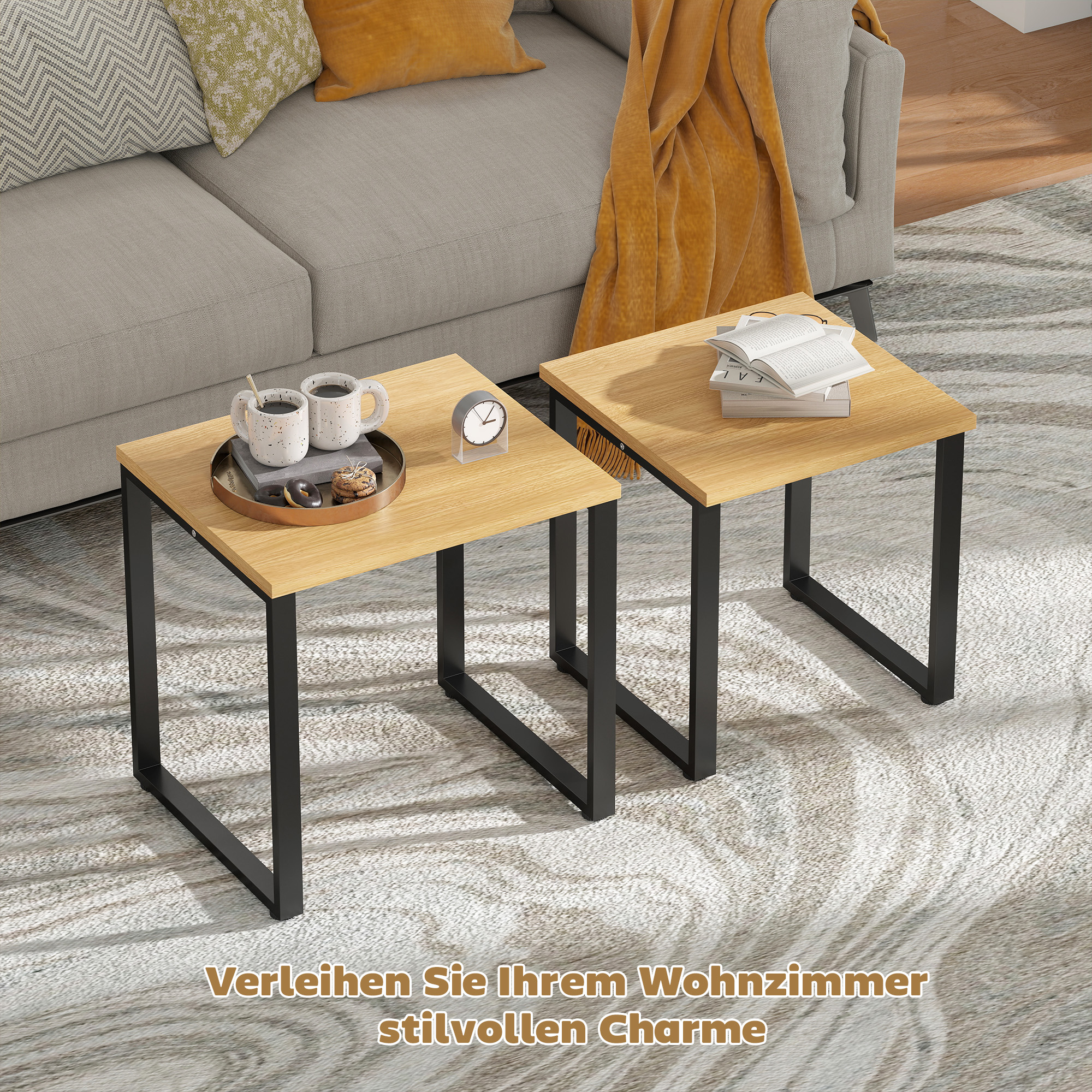 Couchtisch 2er Set Wohnzimmertisch mit Metallrahmen für Wohnzimmer Natur