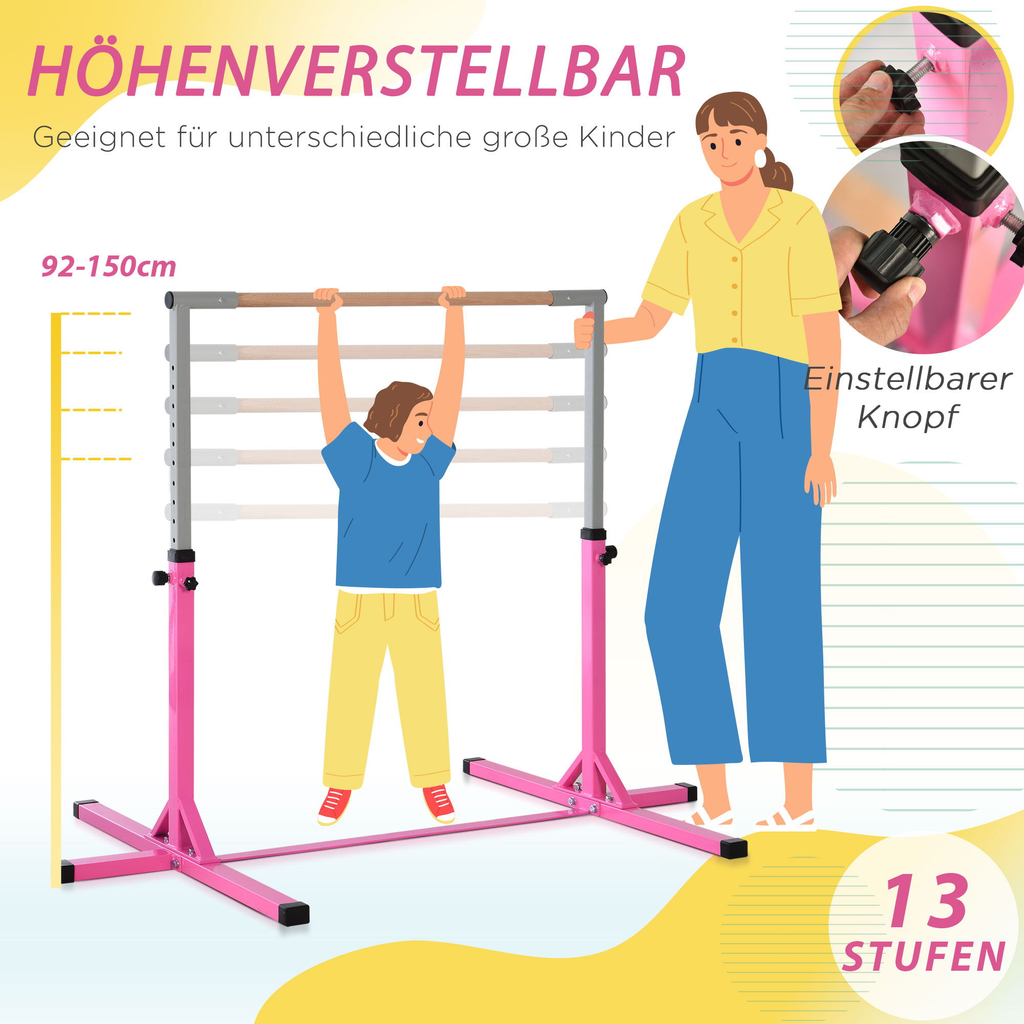 Gymnastik-Turnreck, 13-stufig höhenverstellbar Reckstange, Reck Turnstange aus Holz & stabile Stahlkonstruktion bis 75 kg belastbar, für 3+ Kinder, Indoor, Outdoor, Rosa