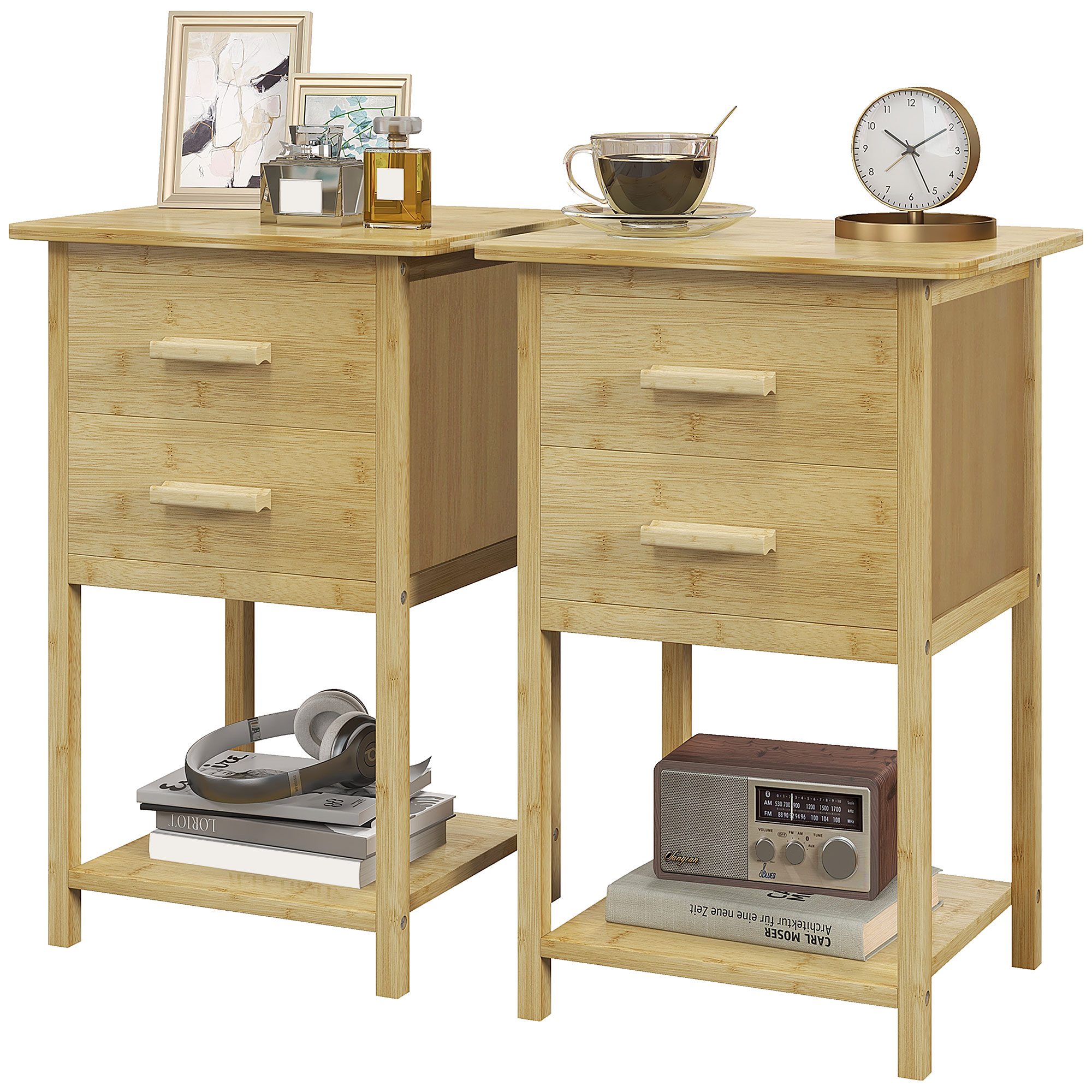 Nachtschrank, 2er-Set, Skandi-Design, Bambus, 2 Schubladen & Regal, 40x34x60cm