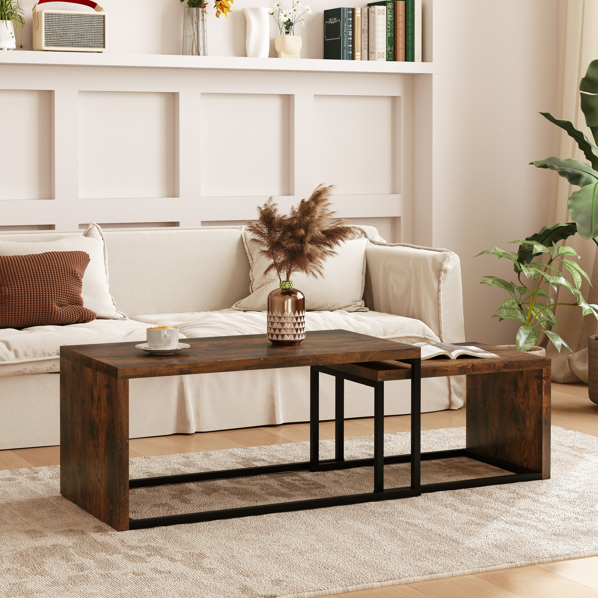 2er-Set Couchtisch, Sofatisch, Beistelltisch, MDF, Metall, 90 x 48 x 42 cm/59 x 42 x 36 cm, Schwarz+Braun
