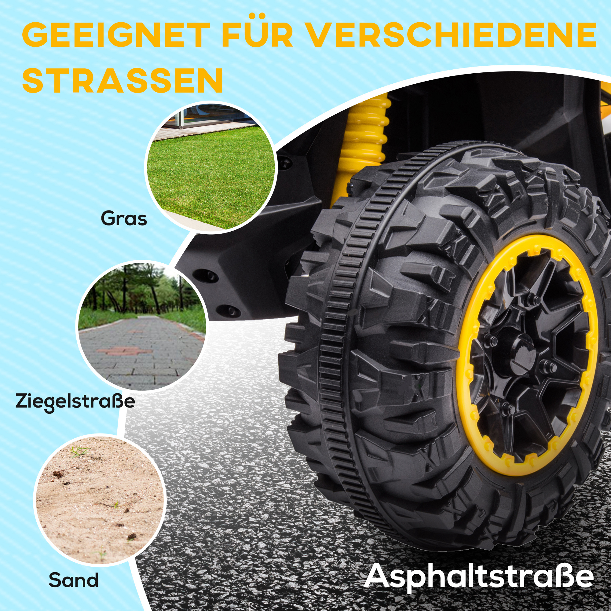 Kinderquad, LED-Scheinwerfer, MP3-Player, Stoßdämpfer, ergonomischer Sitz, Gelb+Schwarz