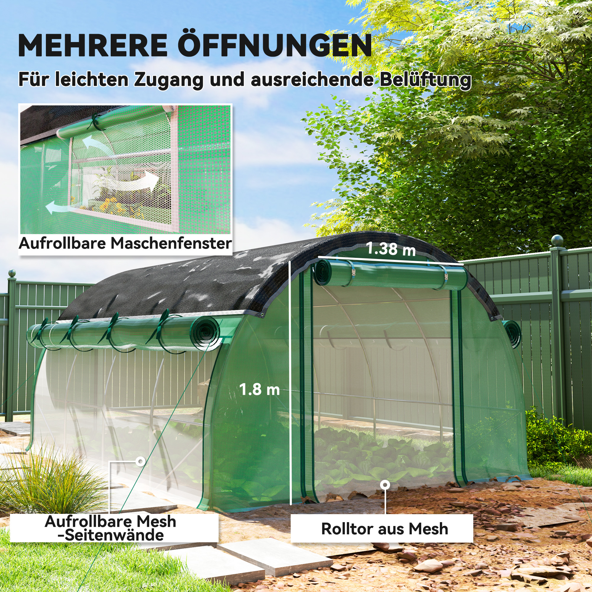 4 x 3 x 2 m Polytunnel-Gewächshaus mit Sonnenschutznetz, rollbaren Seitenwänden, Kunststoff-Abdeckung, Stahlrahmen, Grün