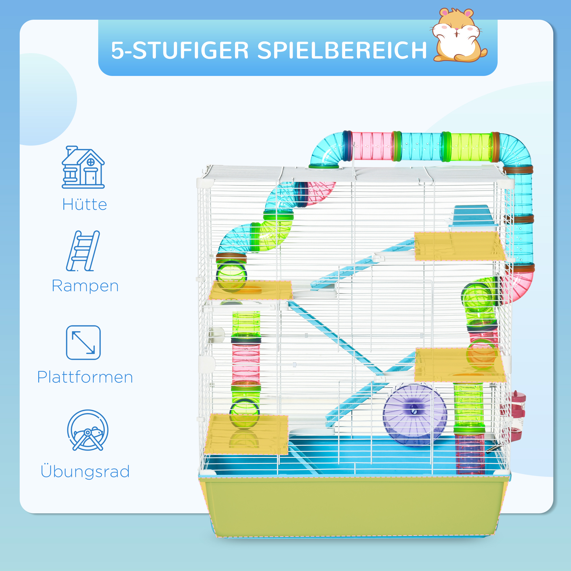 Hamsterkäfig 5 Etagen Nagerkäfig Kleintierkäfig aus Stahldraht mit Laufrad, Rampe, Trinkflasche, Futternapf, Mäusekäfig für Hamster, Rennmaus 59 x 36 x 69 cm, Hellblau+Weiß