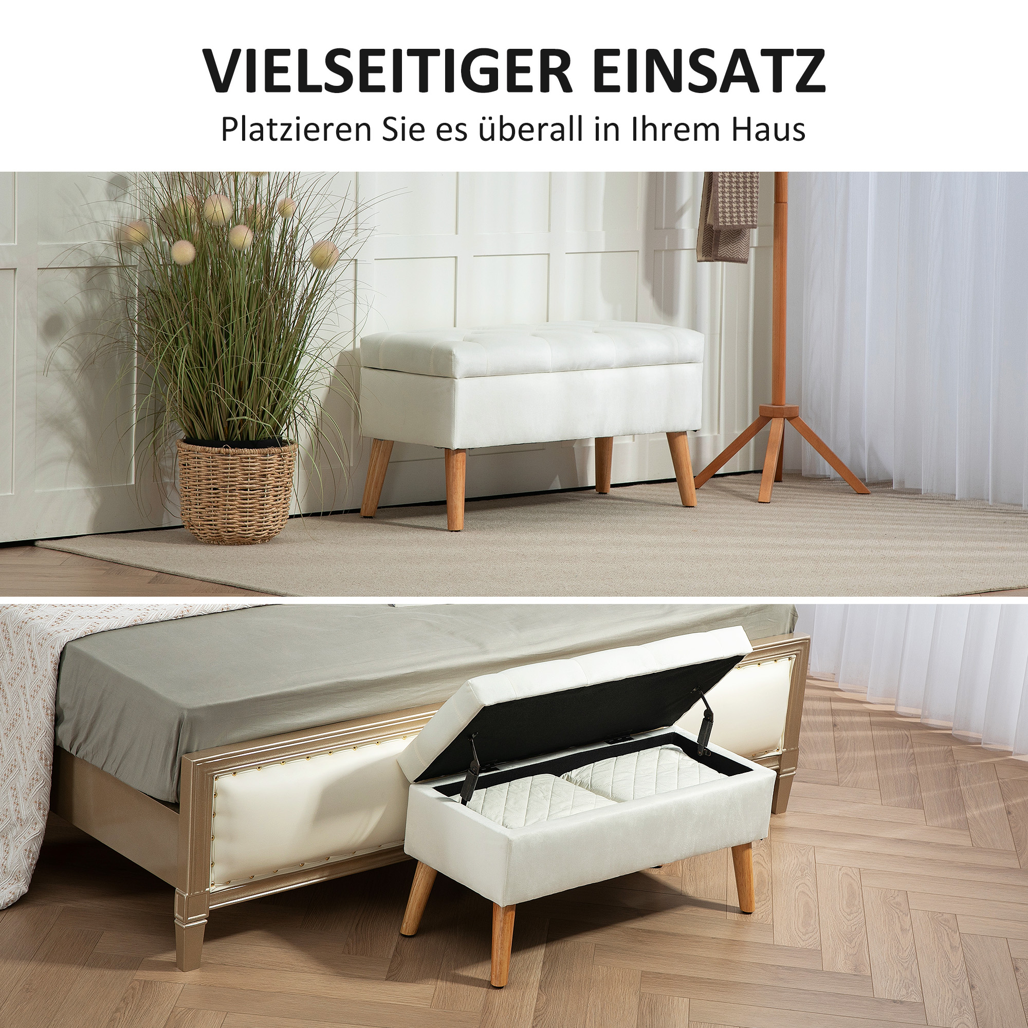 Polsterbank mit Stauraum, Stoffbezug in Samtoptik, Holzbeine, für Wohnzimmer, Schlafzimmer, Flur, 80 x 35 x 40 cm, Weiß