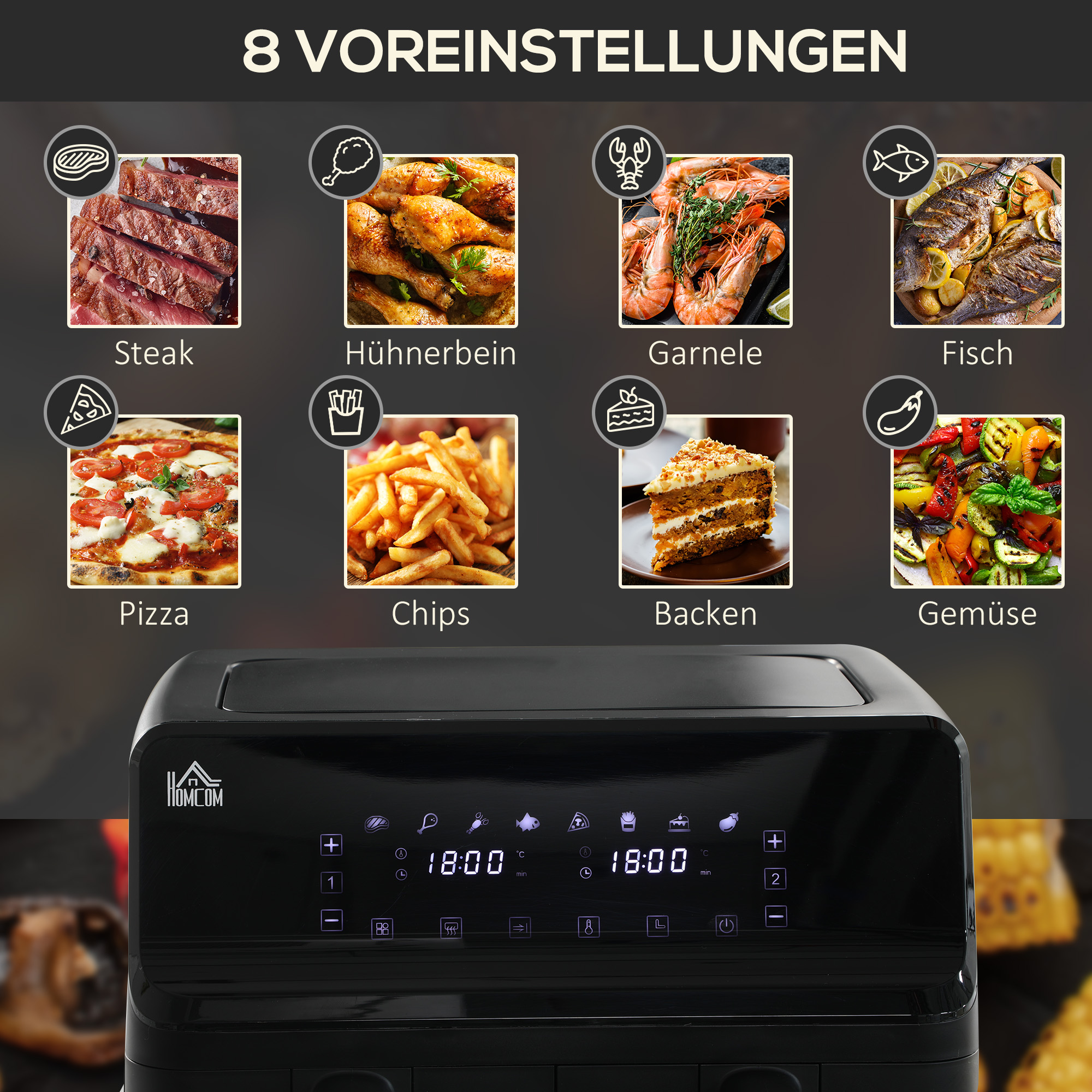 Heißluftfritteuse, 2 Frittierkörbe á 4 Liter, 8 Programme, Licht, Timer, 38,5 x 38 x 30,5 cm, Schwarz