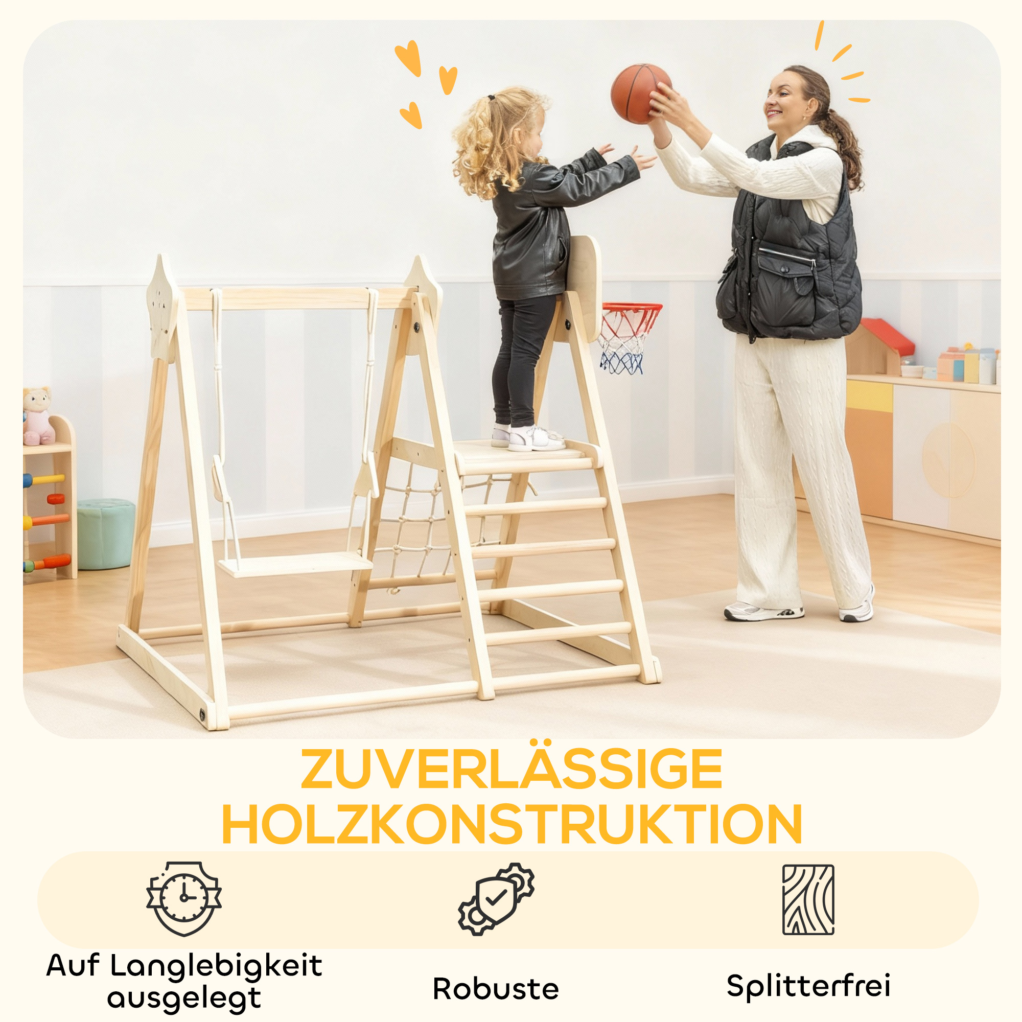 5-in-1 Indoor-Klettergerüst mit Rutsche, Schaukel, Kletternetz, Basketballkorb, klappbar, 3-6 Jahre, Naturholz