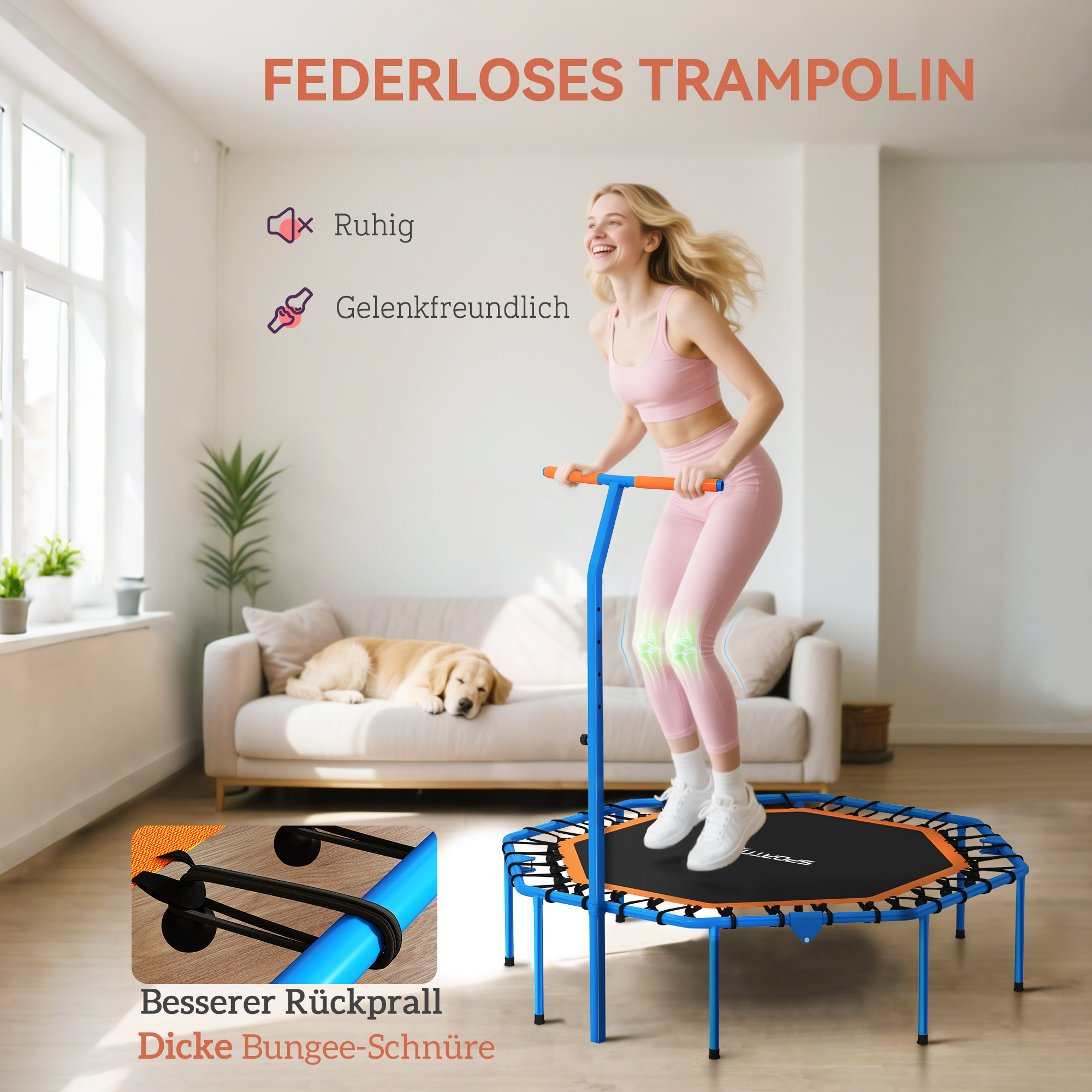 Fitness-Trampolin, Trainingstrampolin mit verstellbarem Haltegriff, stabil und leise, für drinnenf, Stahl, Blau