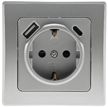 DELPHI Schutzkontakt-Steckdose, silber, 230V~/ 16A, Unterputz, USB-C / PD