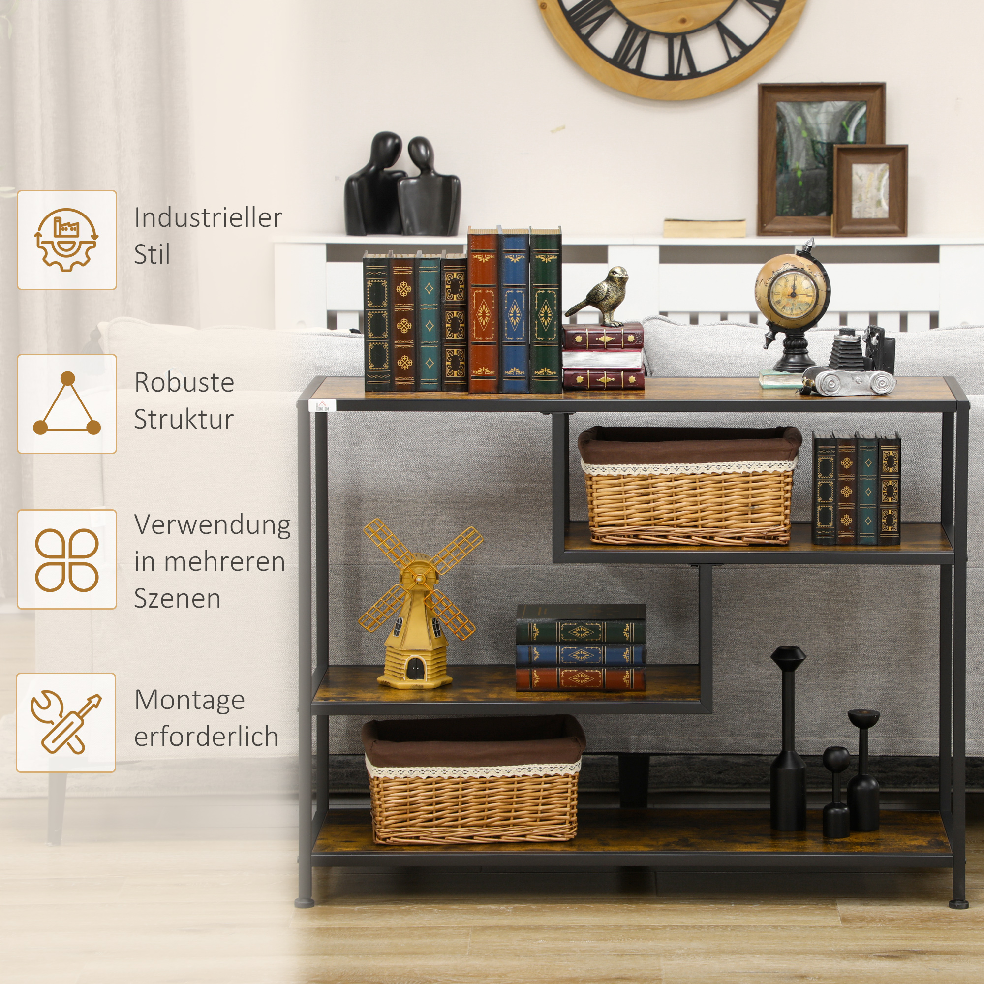 Regal, Konsolentisch, Industrial Design, 4 Böden, Stahlrahmen, 99,6 x 33,6 x 74 cm
