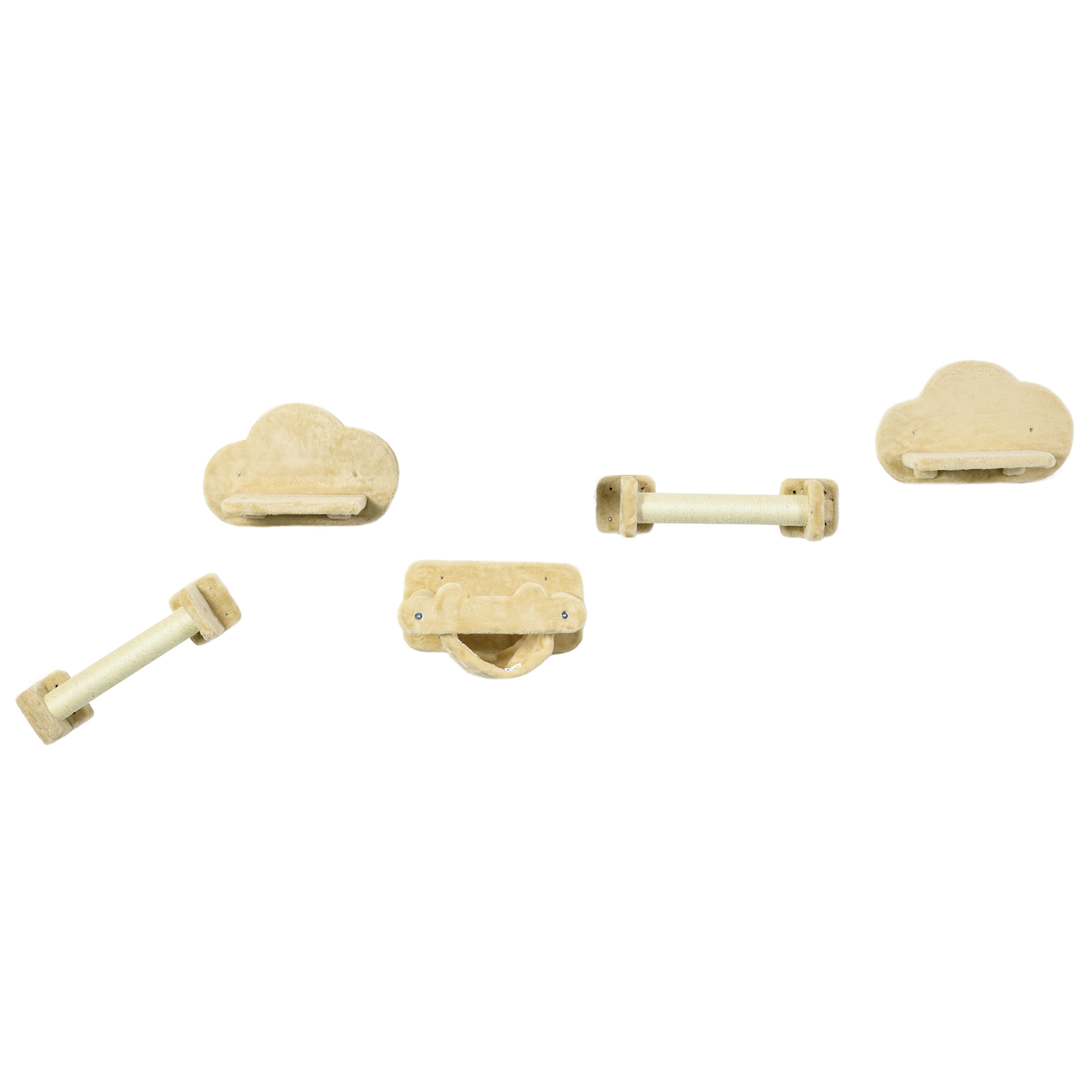 Katzentreppe, 5-teiliges Set, 2 Kratzstämme, 2 Plattformen mit Plüschbezug, Hängematte, beige