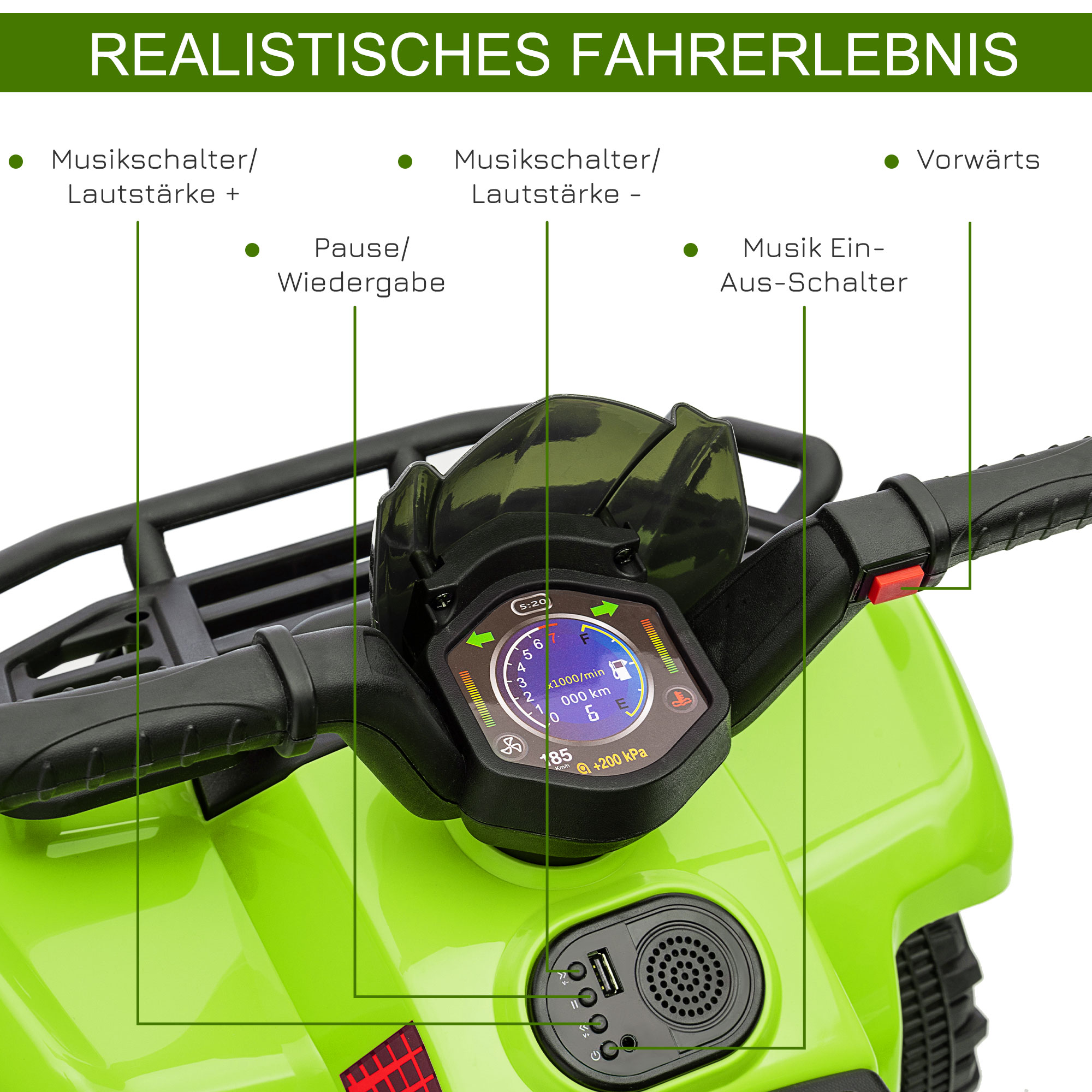 Kinderquad 6V Kinderquad mit Vorwärtsfunktion, Musik, Elektro-Quad für Kinder 1,5-3 Jahre Grün