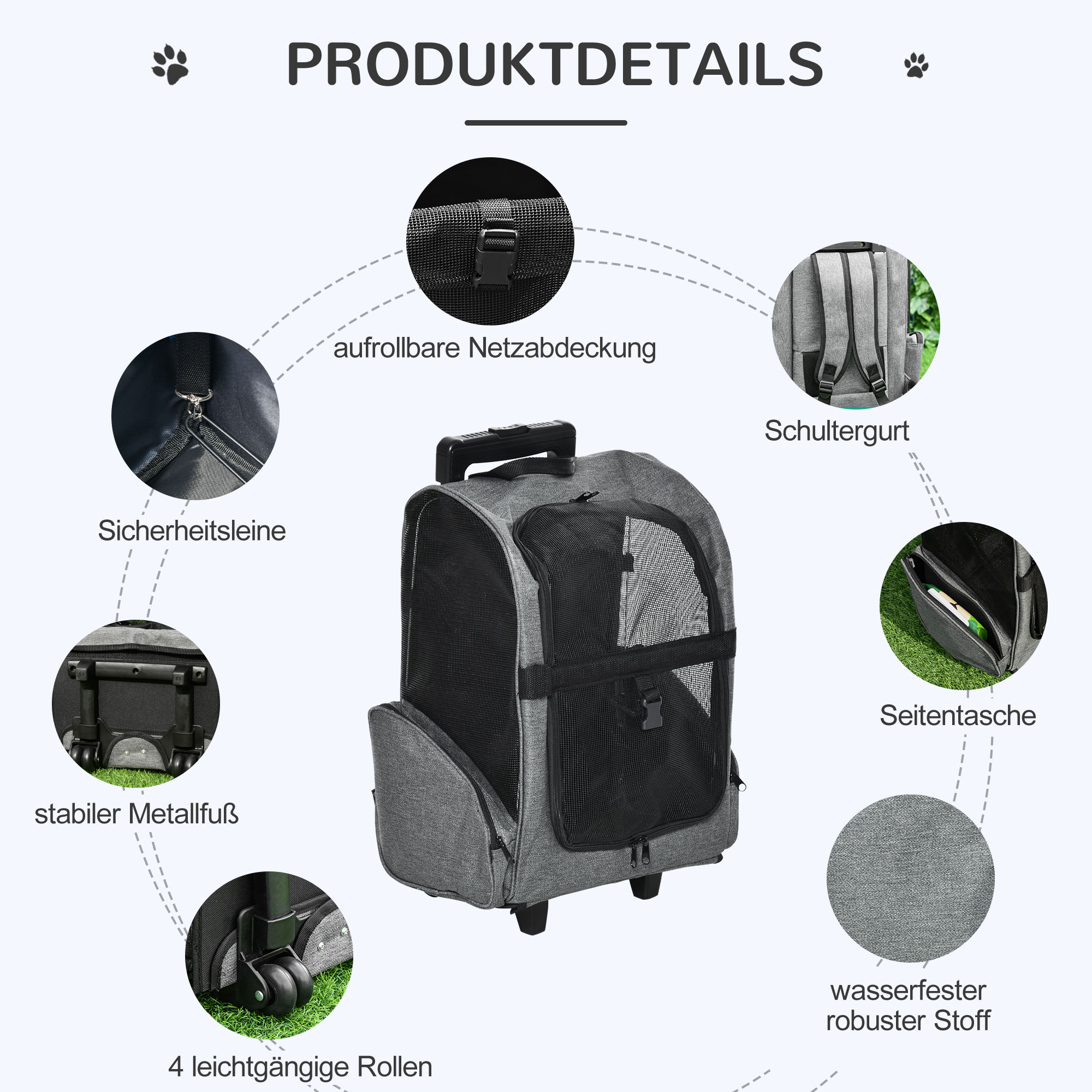 Hundetransporttasche, Haustierrucksack, 2-in-1-Design, ausziehbarer Griff, Seitentaschen, Grau, 42 x 25 x 55cm