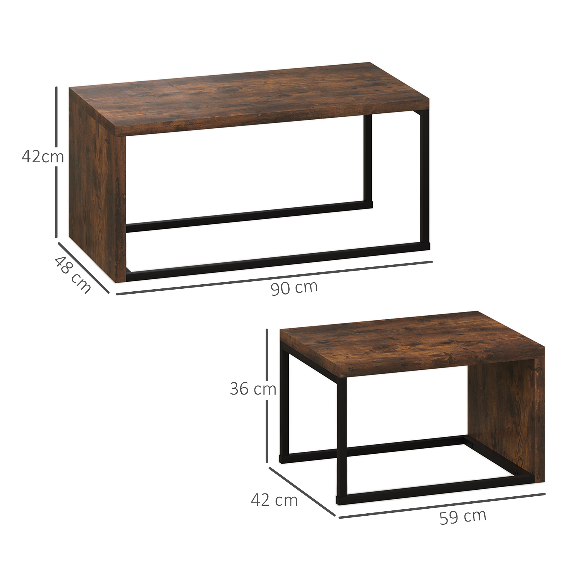 2er-Set Couchtisch, Sofatisch, Beistelltisch, MDF, Metall, 90 x 48 x 42 cm/59 x 42 x 36 cm, Schwarz+Braun
