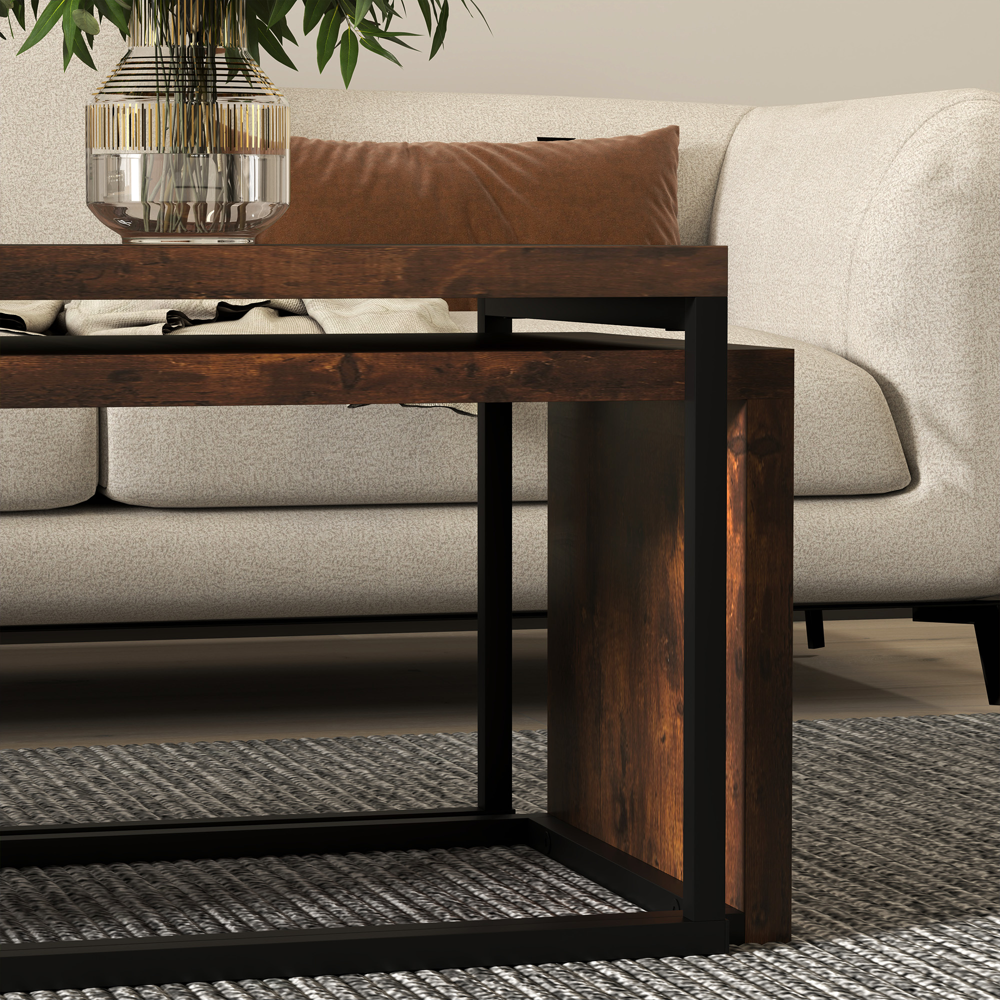 2er-Set Couchtisch, Sofatisch, Beistelltisch, MDF, Metall, 90 x 48 x 42 cm/59 x 42 x 36 cm, Schwarz+Braun