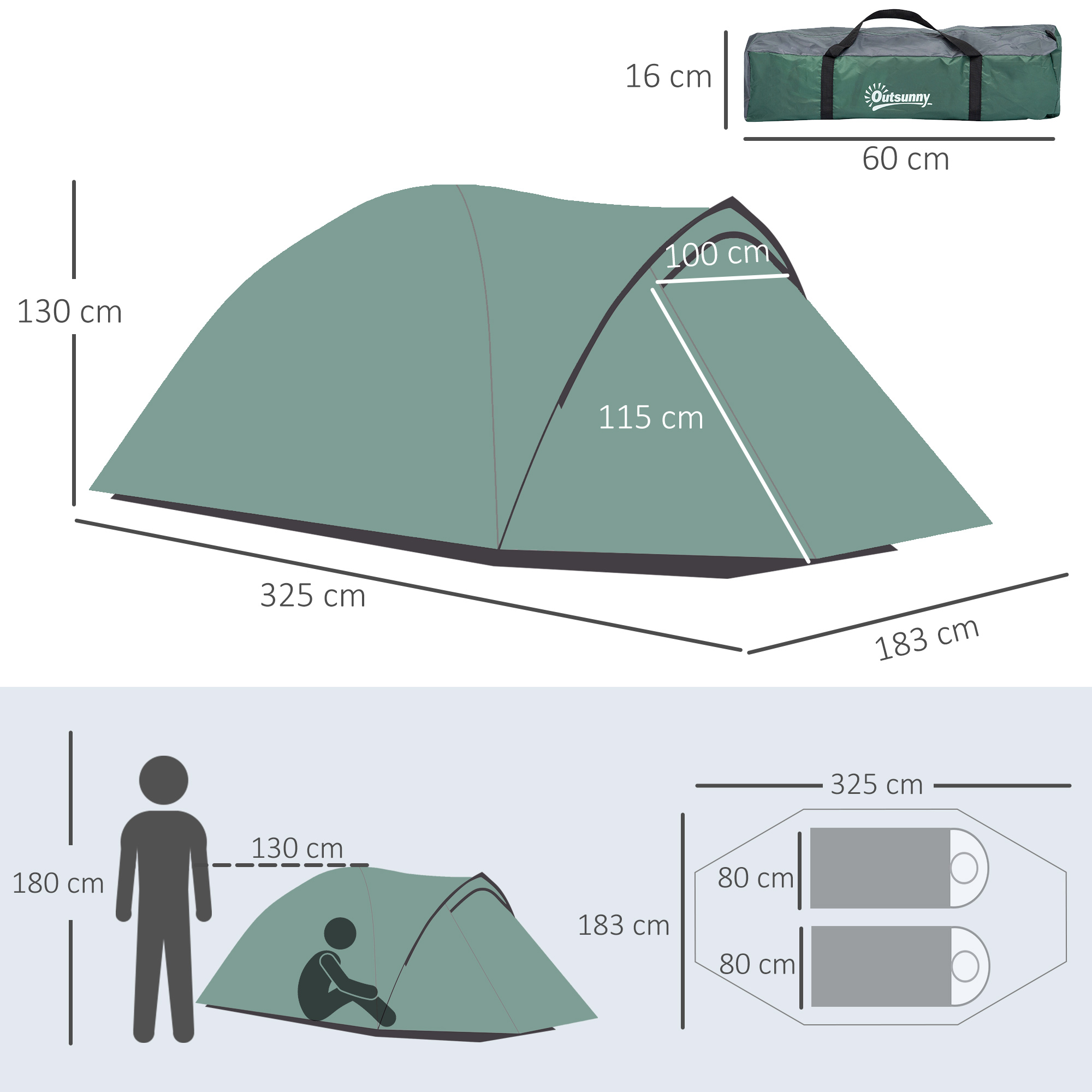 2-Personen-Campingzelt, Netzöffnungen, Lampenhaken, Tragetasche, Grau+Gelb