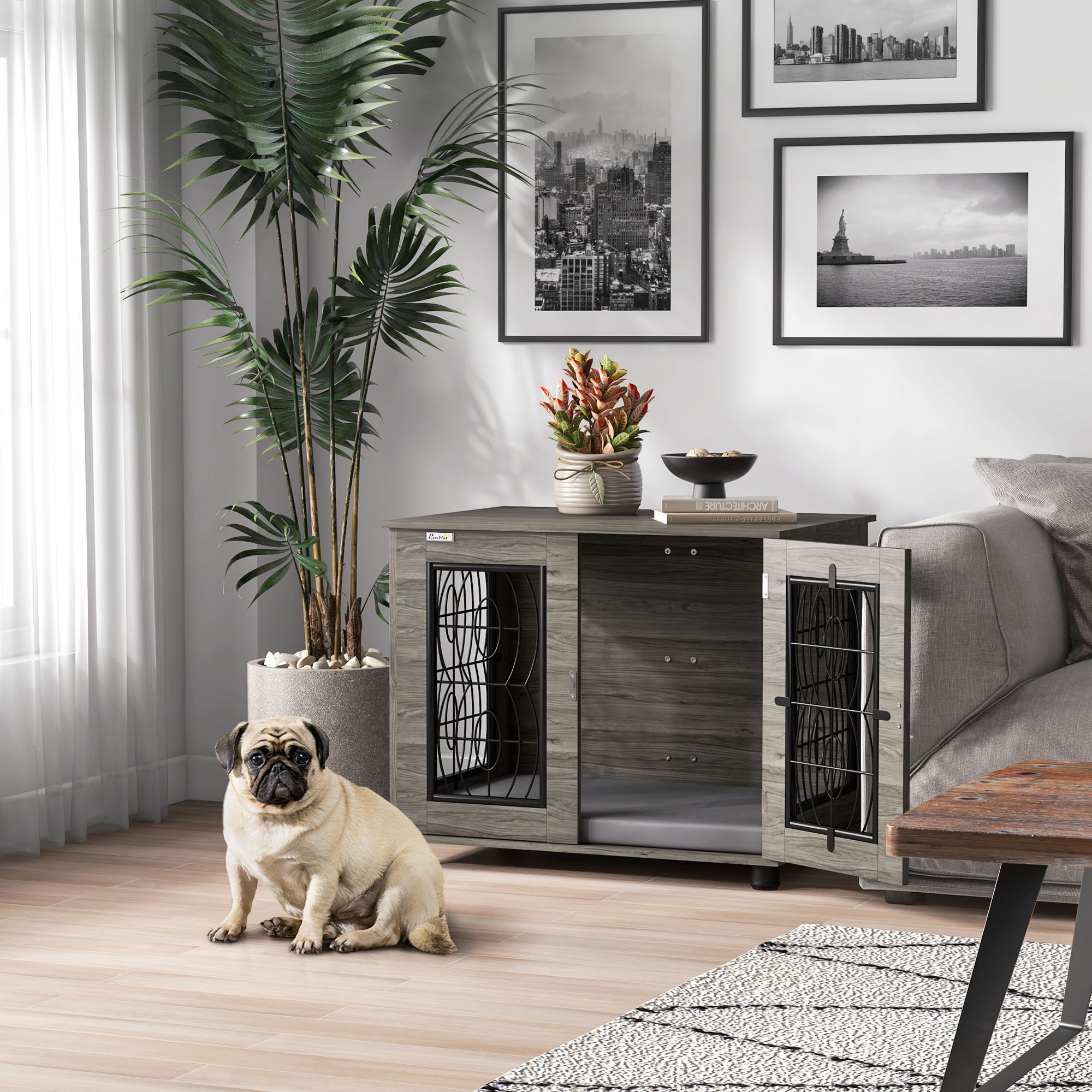 Hundebox mit Liegekissen, bis 20kg/50cm Körperlänge, Metall, 80x56x63cm, Grau/Holzdekor