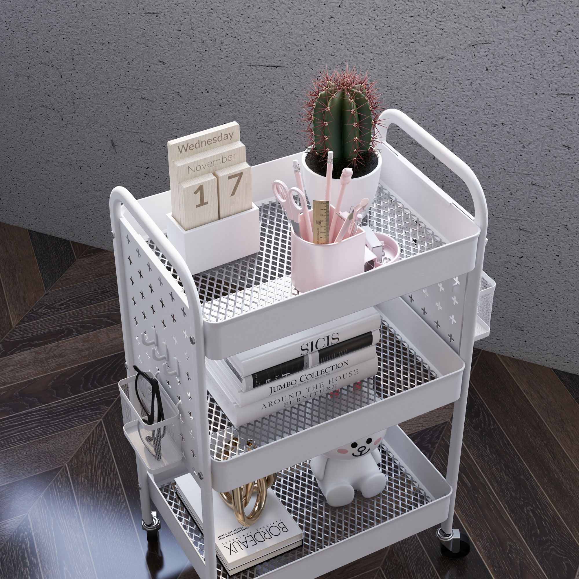 Mehrzweckwagen Rollwagen Küchenwagen, 3 Regale, 4 Rollen, 53,5 cm x 30,5 cm x 75 cm, Weiß